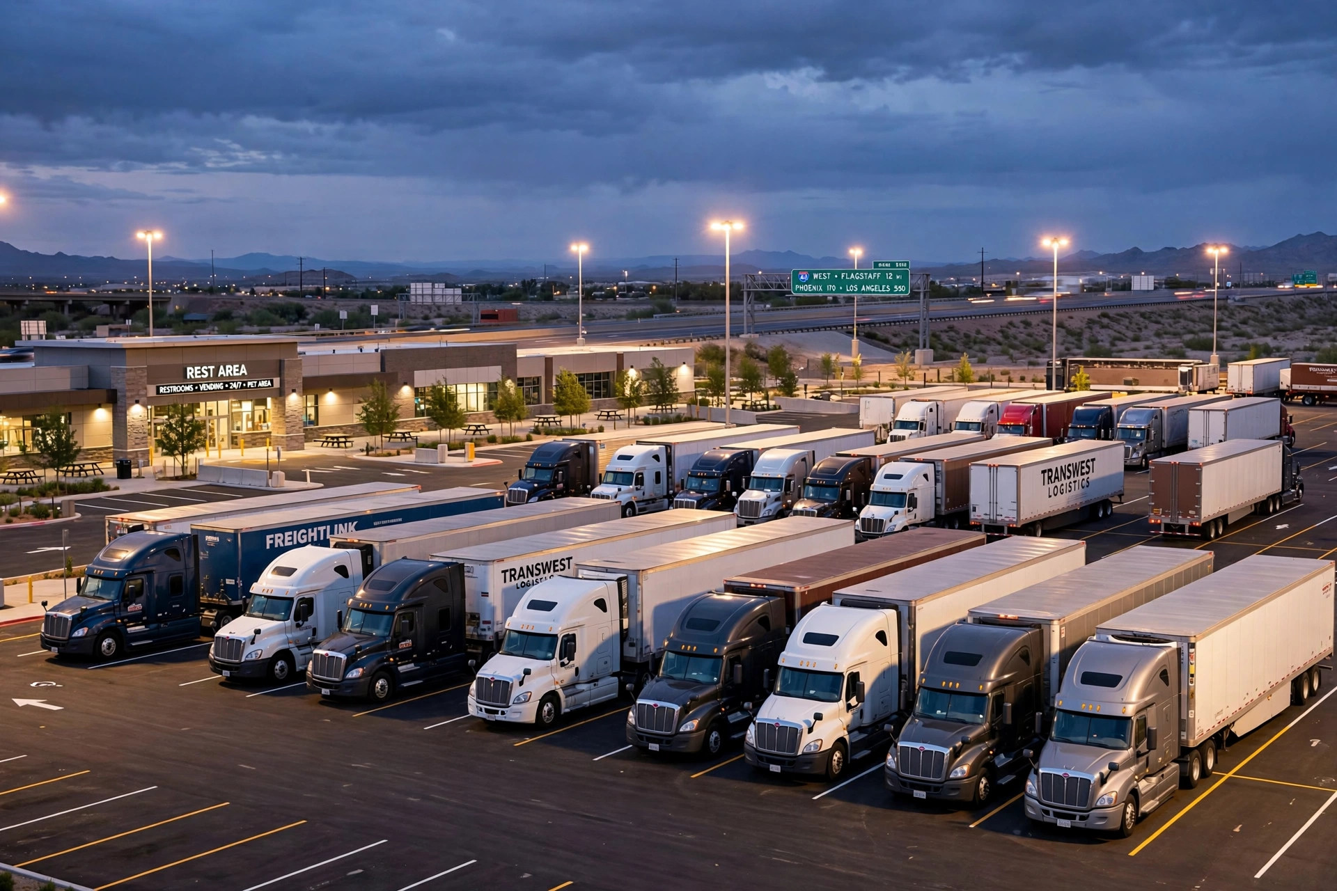Semi trucks parked in neat rows at a large highway rest area at dusk with bright lot lighting