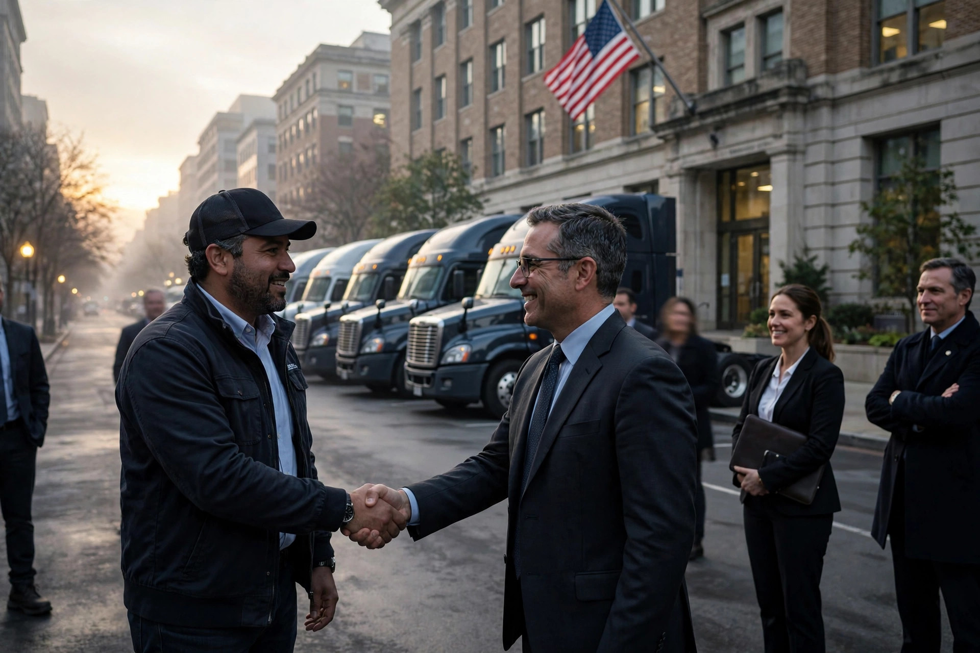 Trucking association leaders shaking hands in front of a row of semi trucks outside an office building in Washington