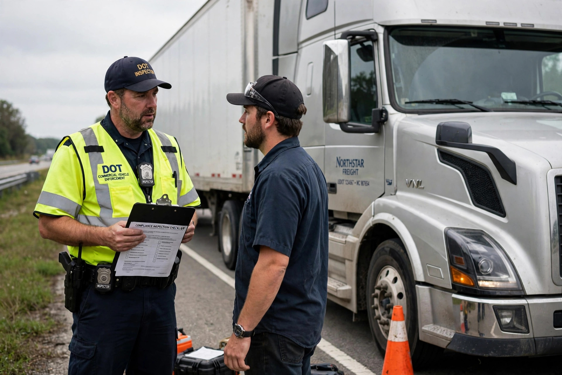 A driver speaking with a roadside inspector beside a semi truck during a compliance check