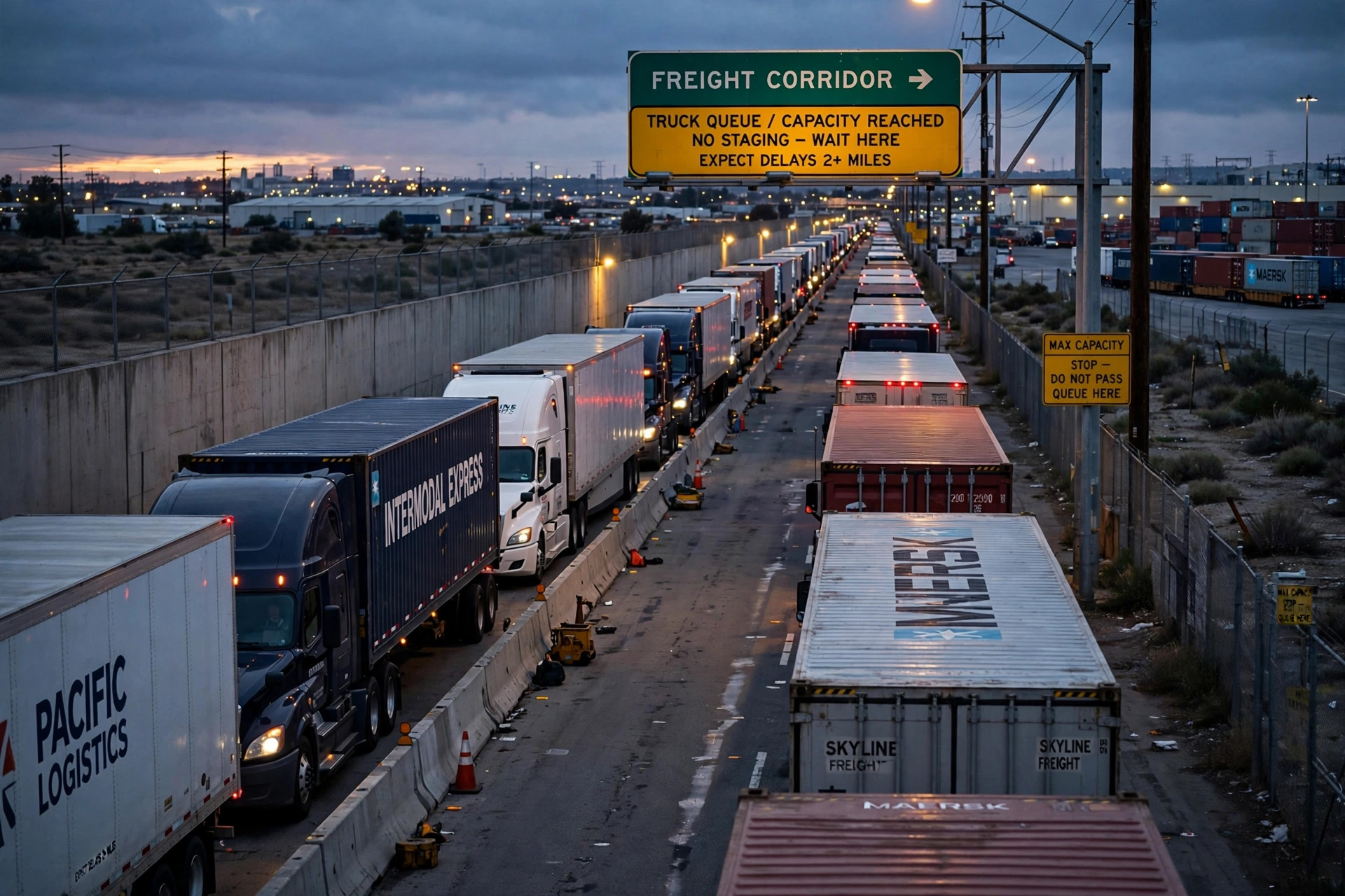 Semi trucks queued on a freight corridor at dusk with rate charts implied by tight capacity