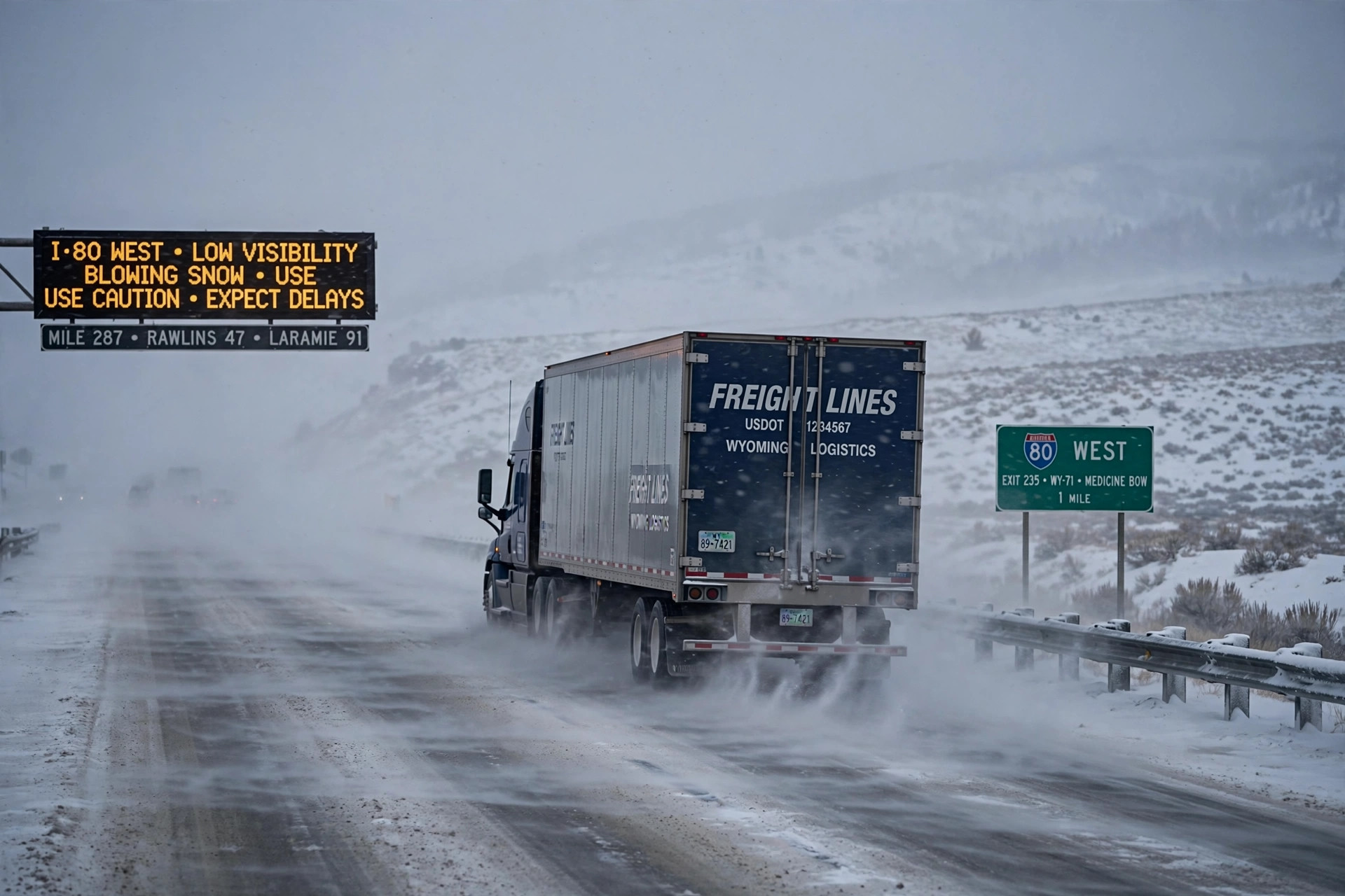 A semi truck driving through blowing snow on Interstate 80 in Wyoming with low visibility