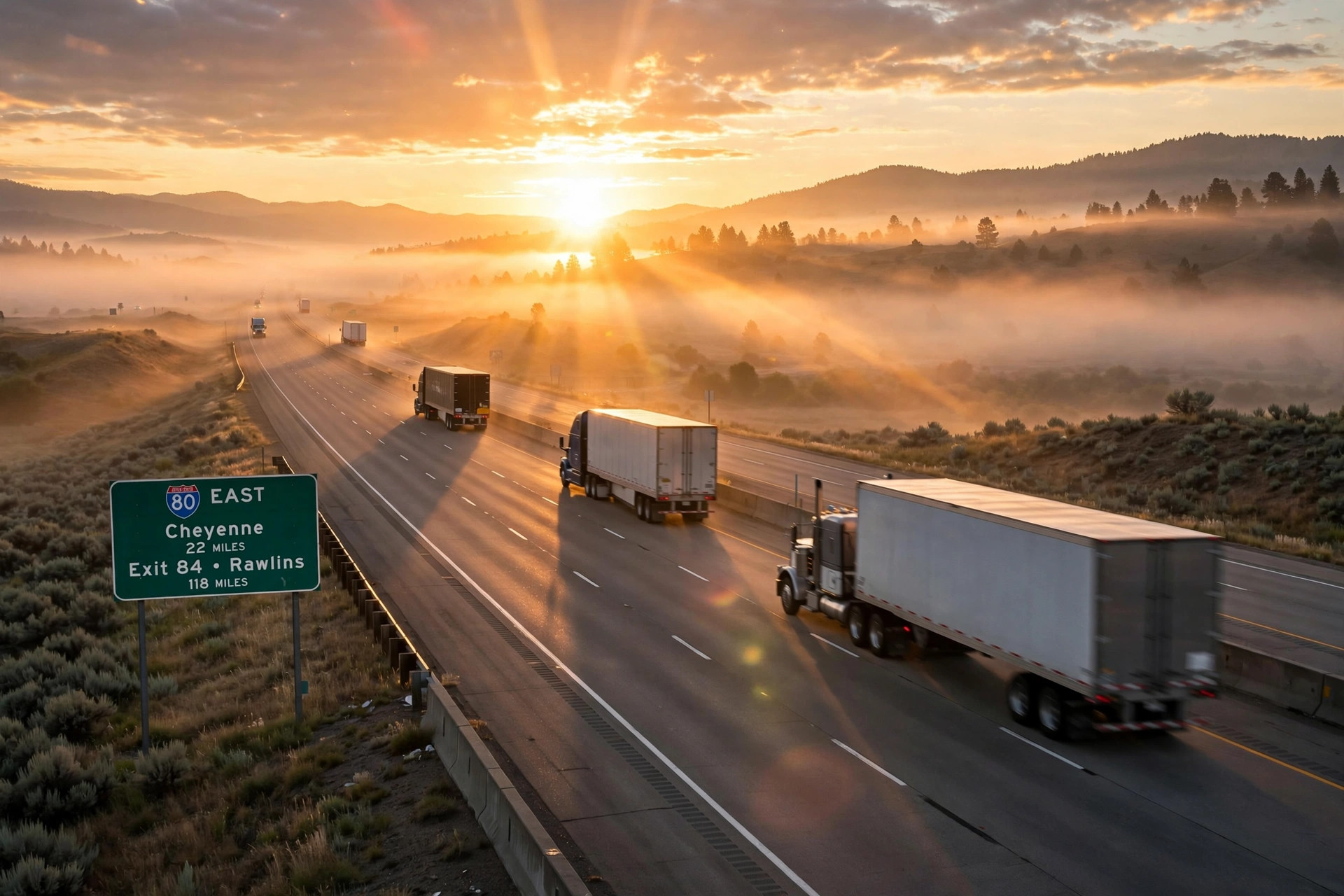 Sunrise over an interstate highway with semi trucks driving into the morning light