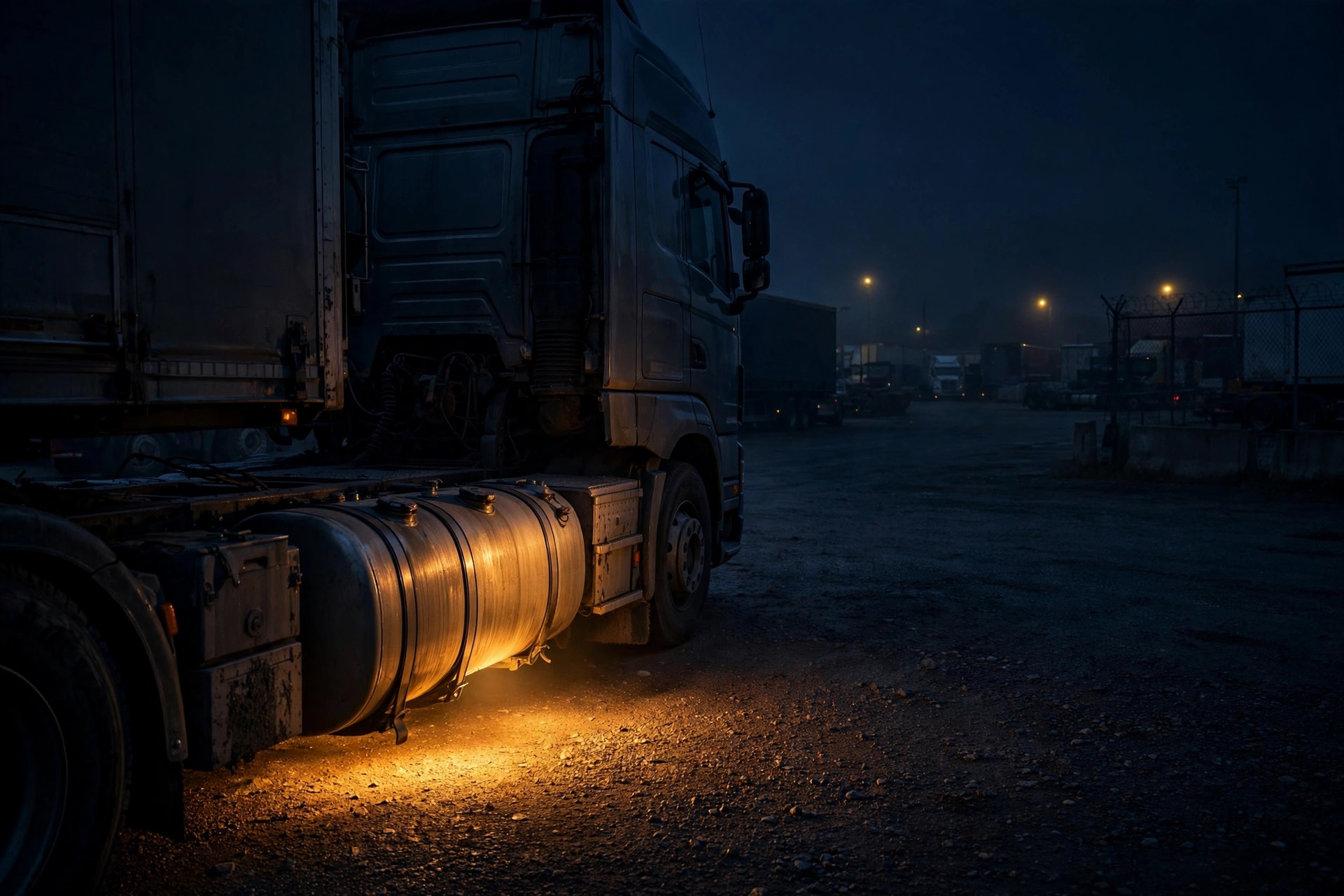 A parked semi truck at night in a storage yard with a fuel tank visible in low light