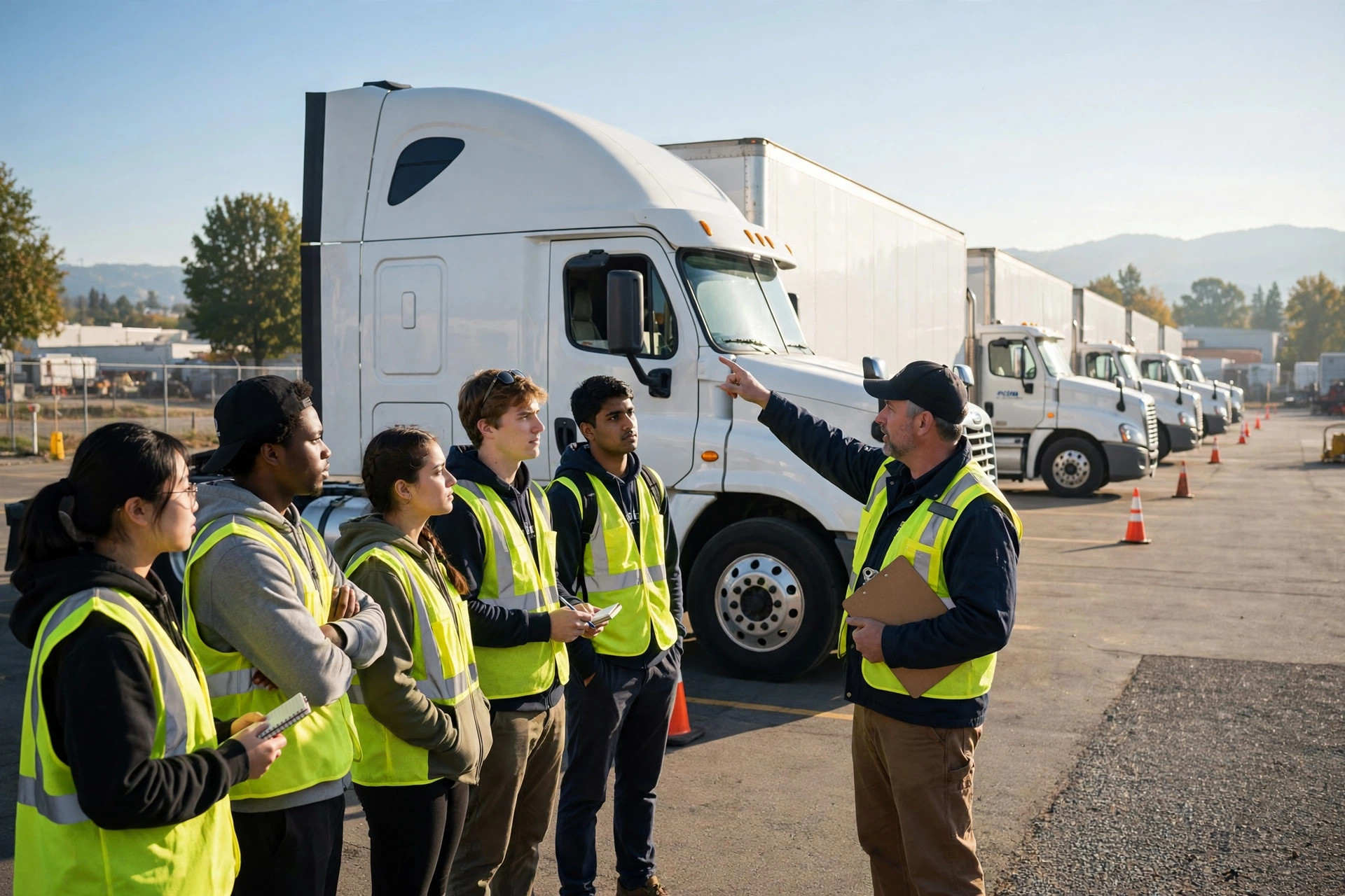 A CDL training yard with student drivers and semi trucks lined up for instruction