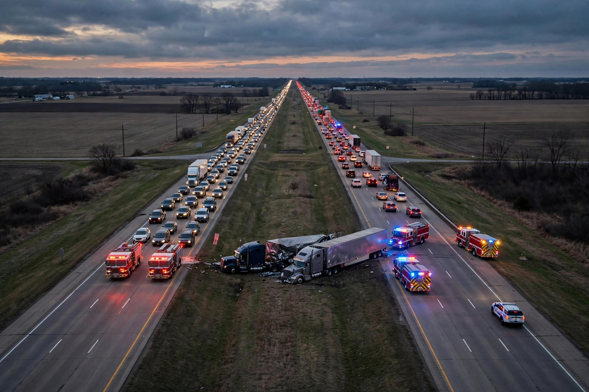 Emergency vehicles at a serious semi truck crash scene on an interstate highway in Indiana