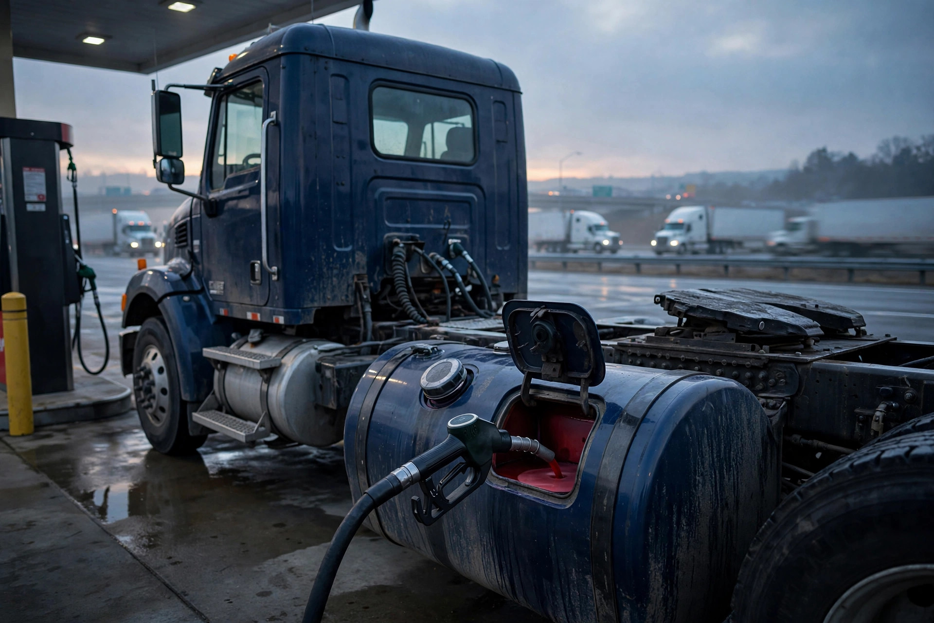 A semi truck fueling with dyed red diesel at a truck stop fuel island at dawn