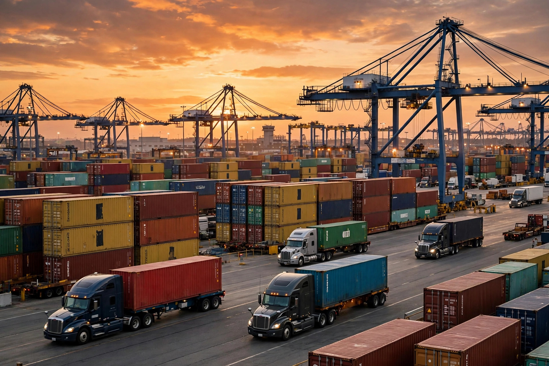 J.B. Hunt intermodal containers and semi trucks at a freight terminal at dusk