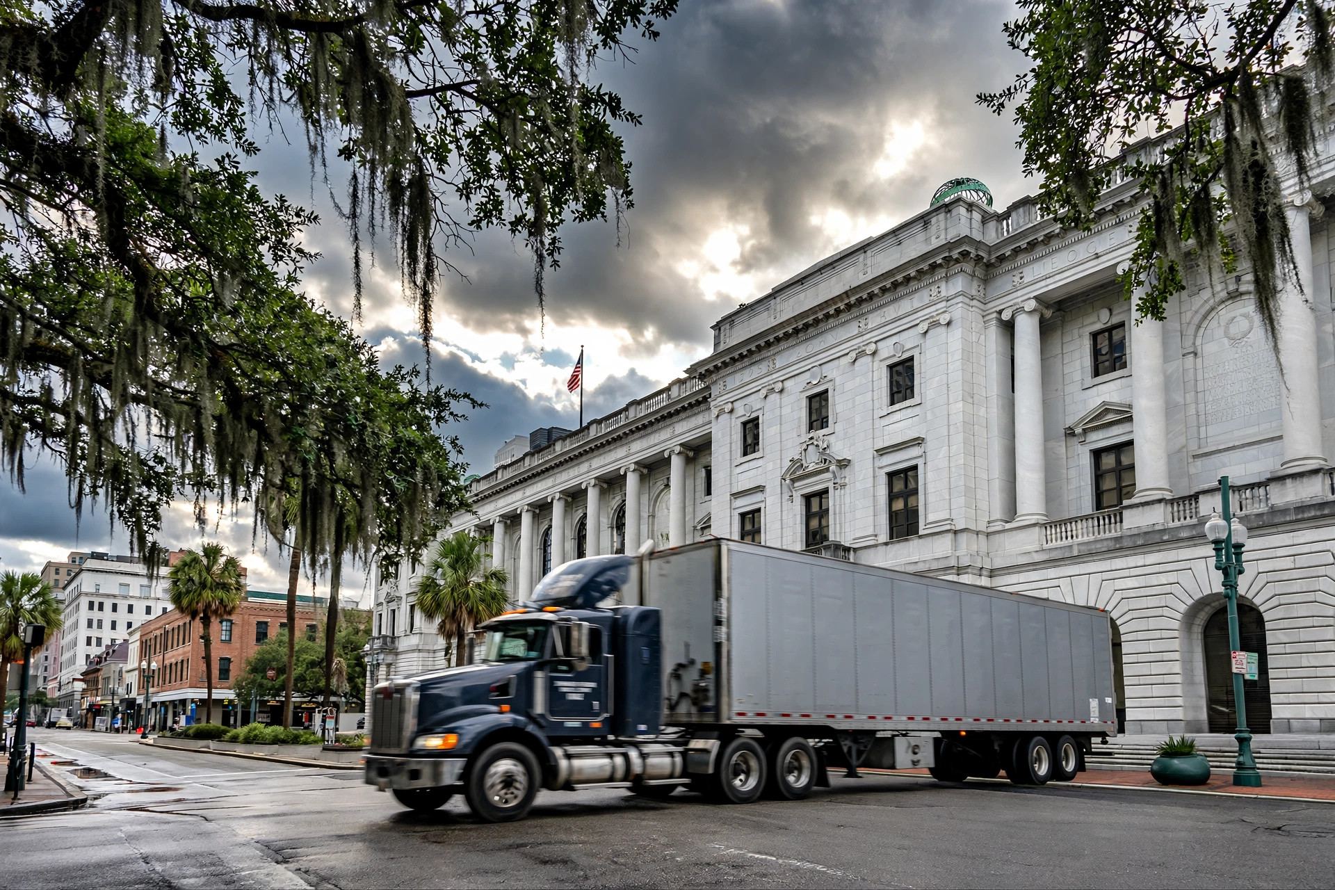 A federal courthouse in New Orleans with a semi truck passing on the street in front