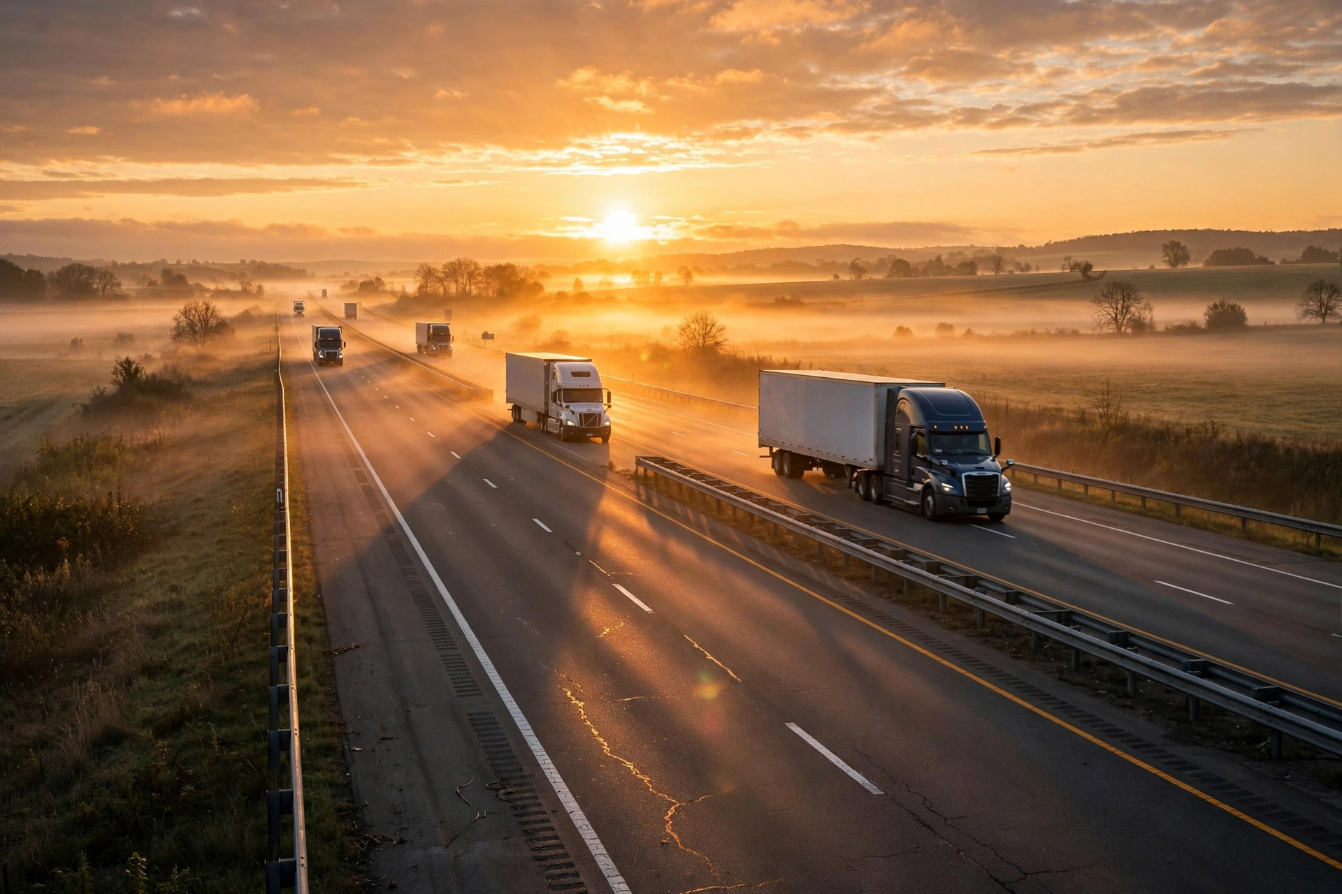 Sunrise over an interstate highway with semi trucks driving into the morning light