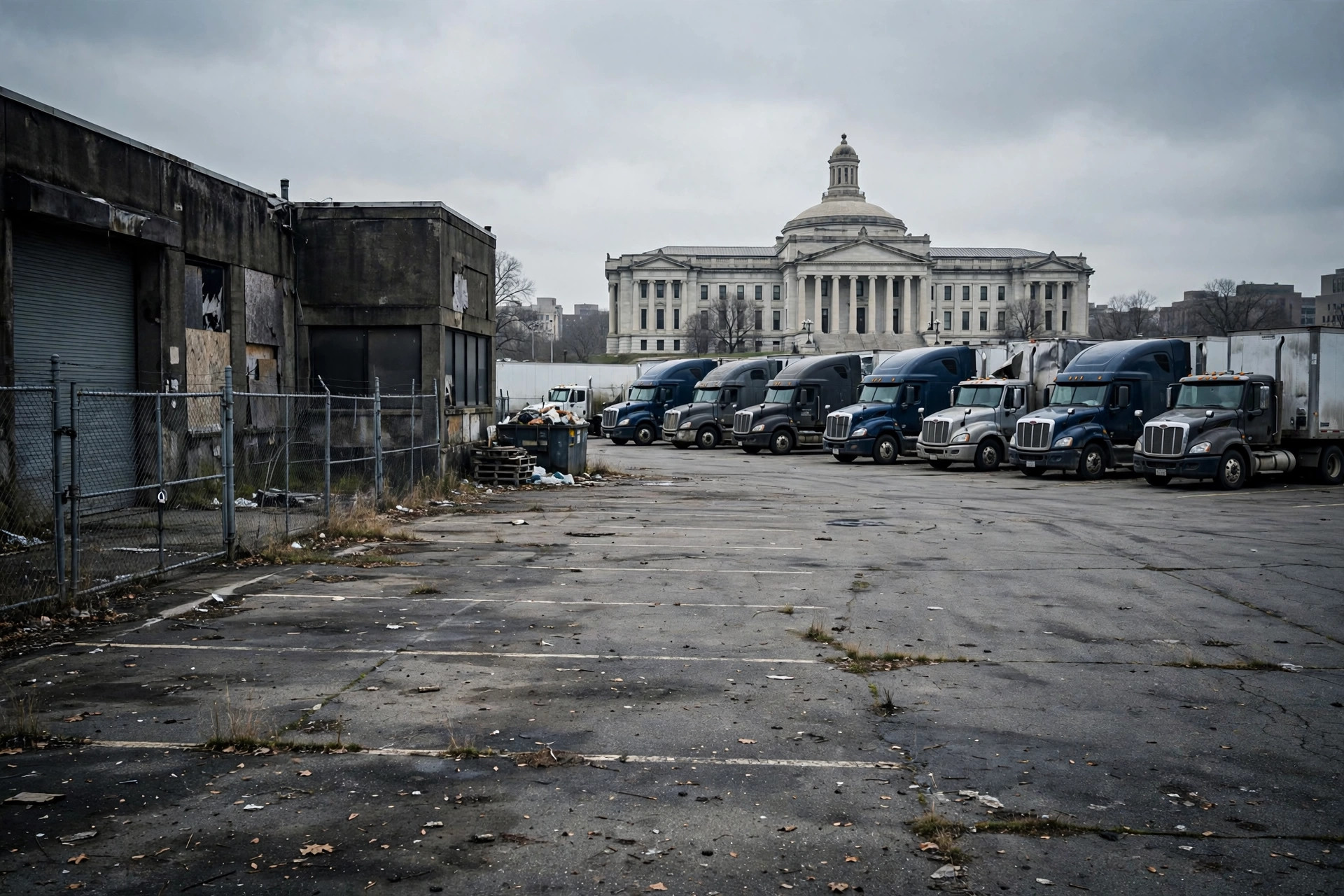 Semi trucks parked at a shuttered trucking terminal with a bankruptcy courthouse in the background