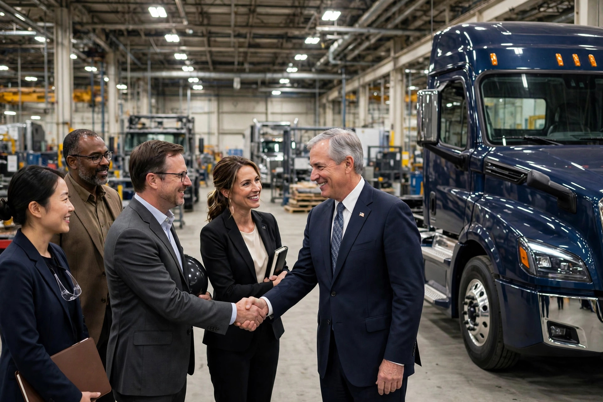 Trucking association members meeting with a member of Congress at a truck manufacturing plant