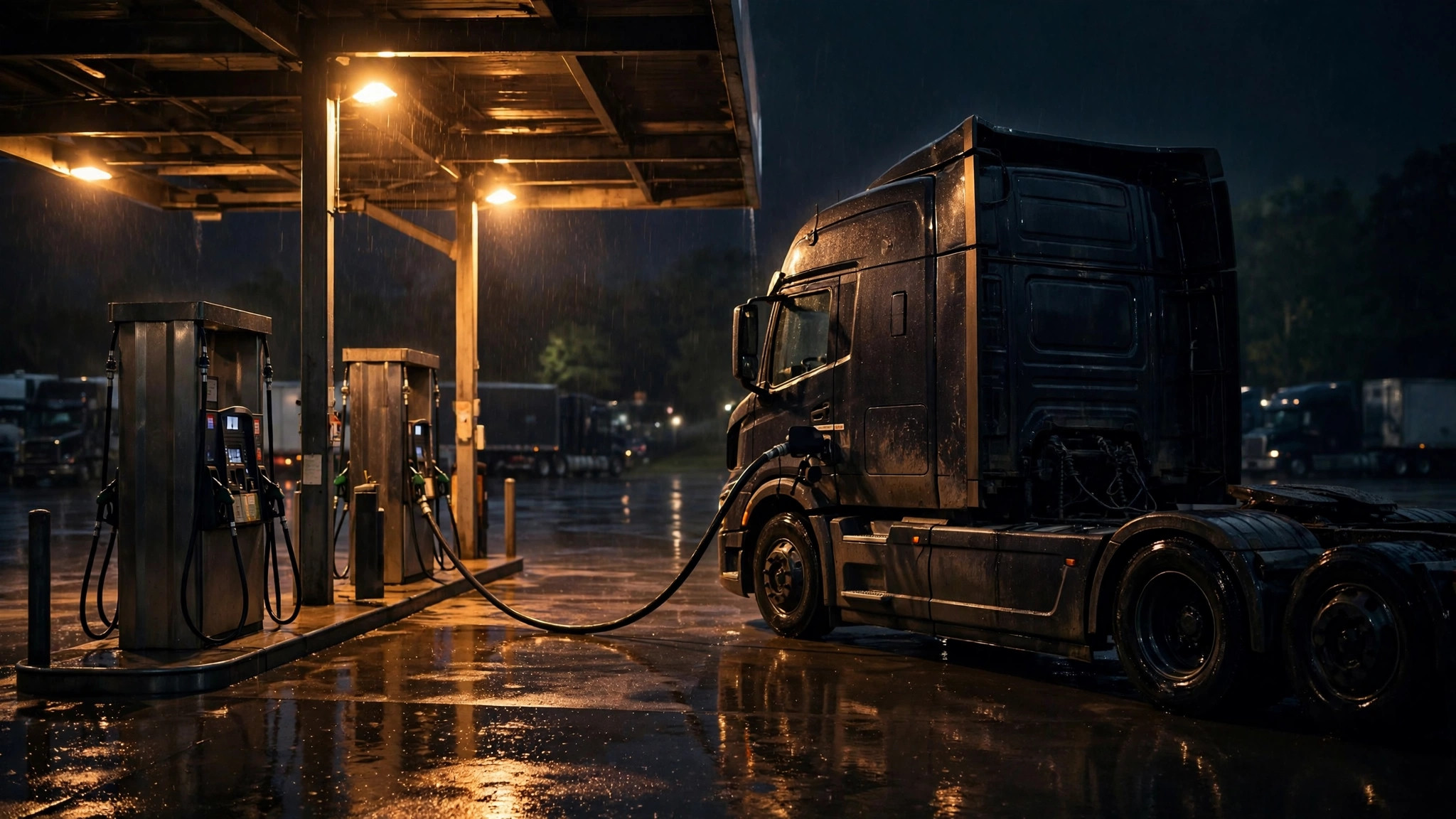 A semi truck fueling at a truck stop at night with diesel prices climbing