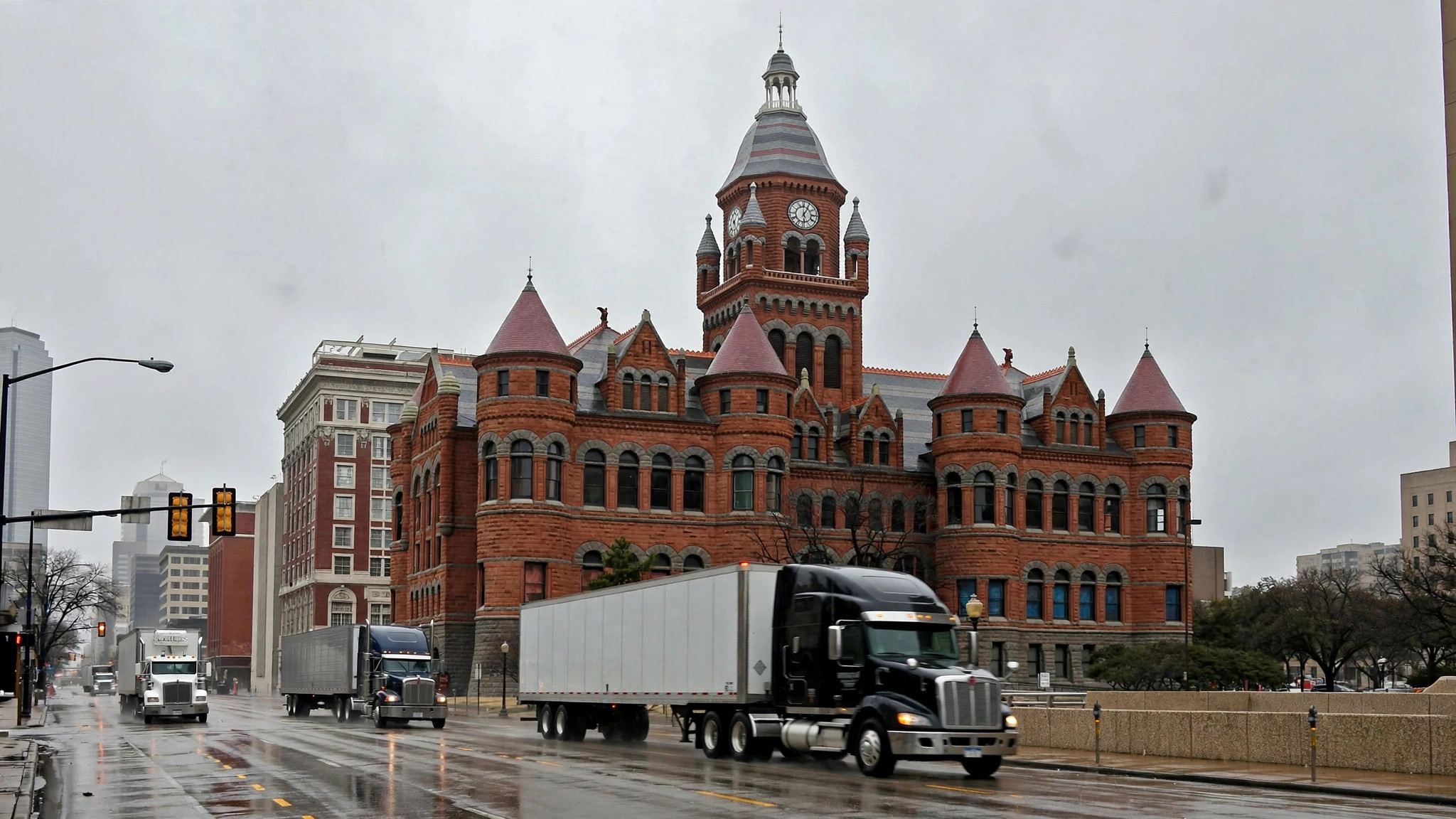 A Dallas County courthouse with semi trucks passing on the street in front
