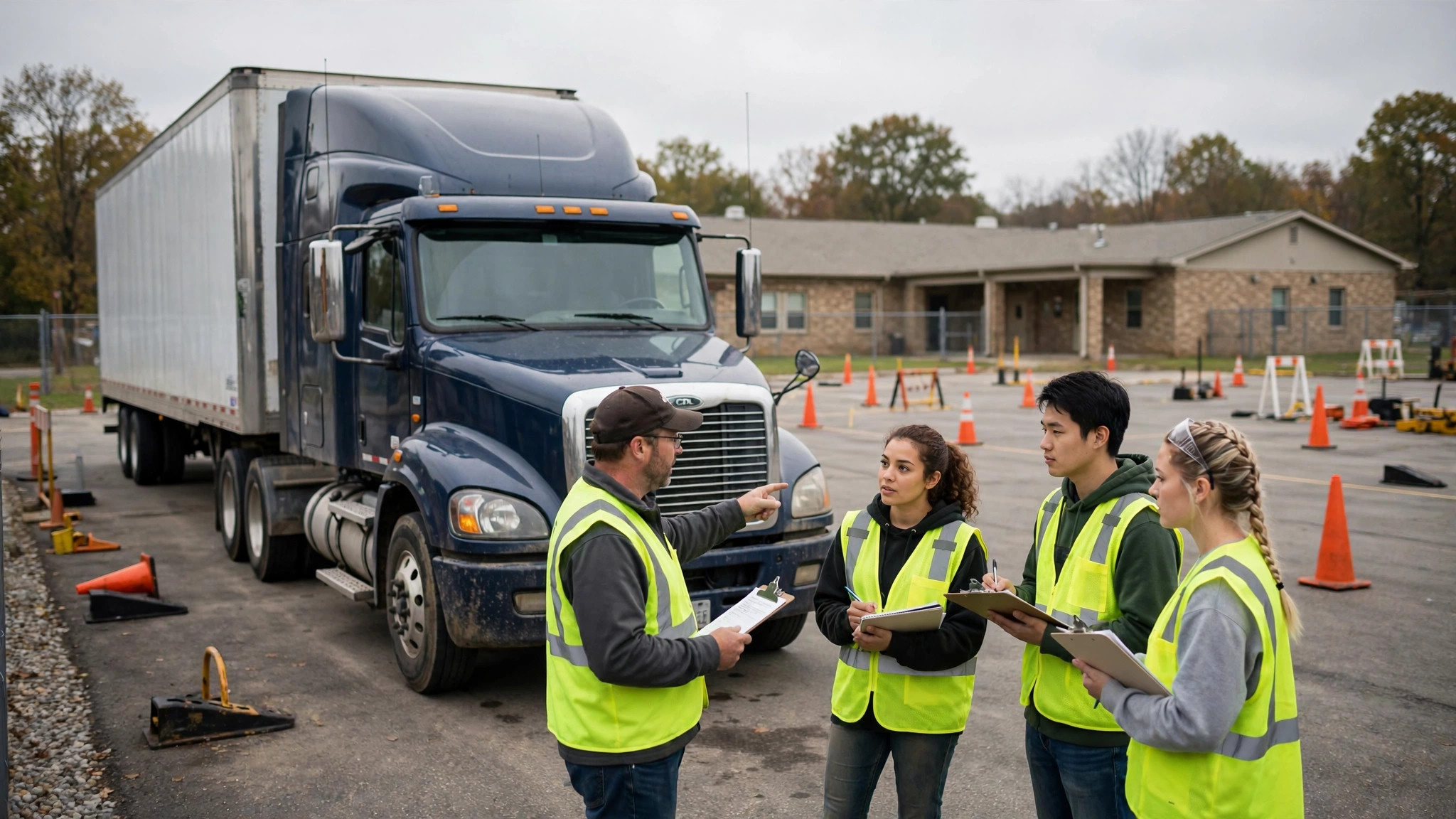 A CDL training school yard with a semi truck and student drivers in the background