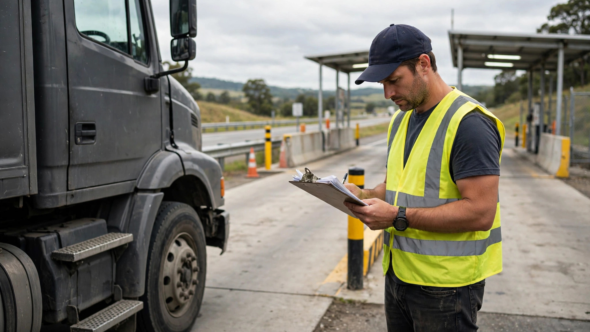 A driver reviewing an inspection report beside a semi truck at a weigh station