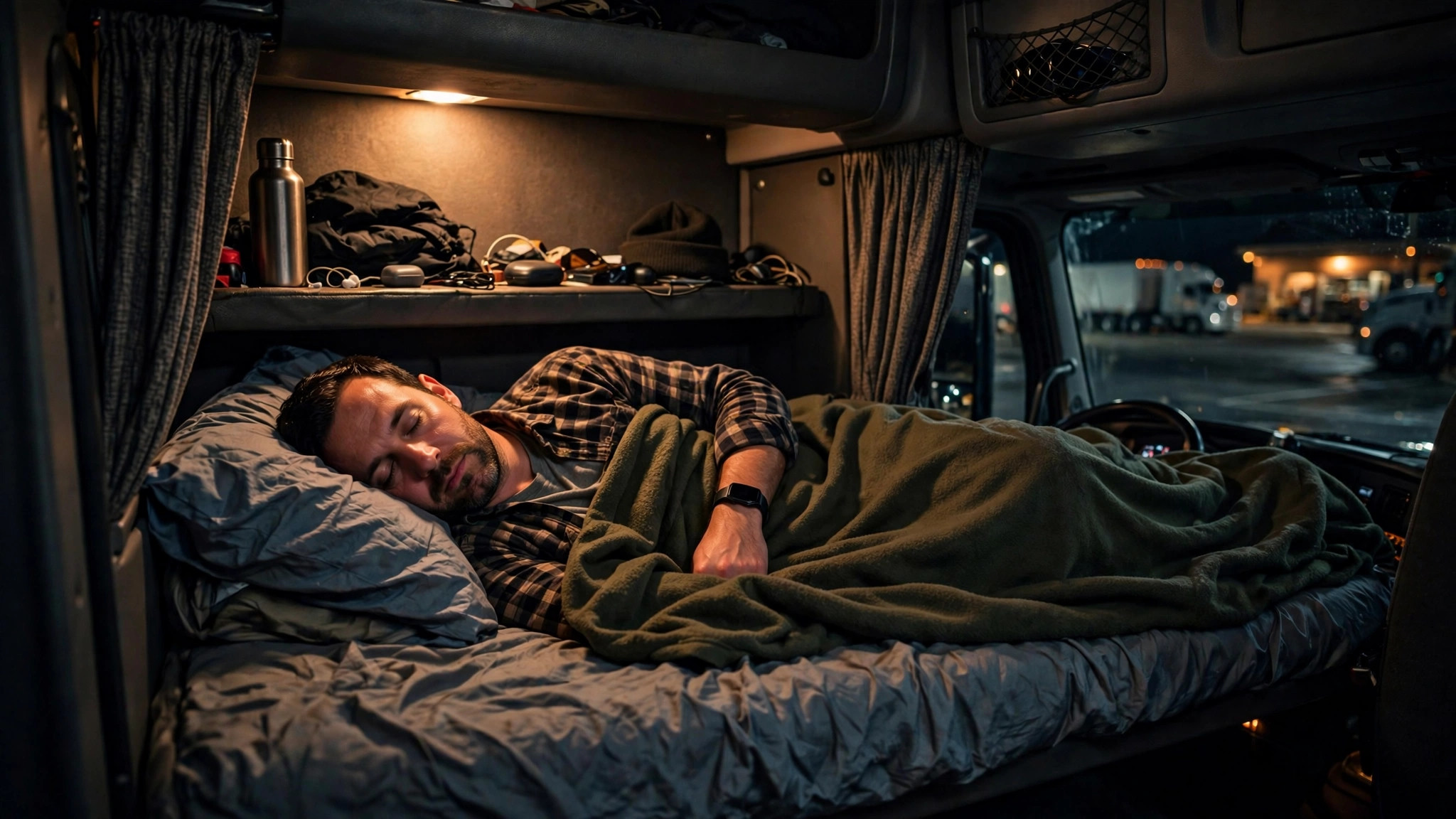 A driver resting in a sleeper berth at night with the cab parked at a truck stop