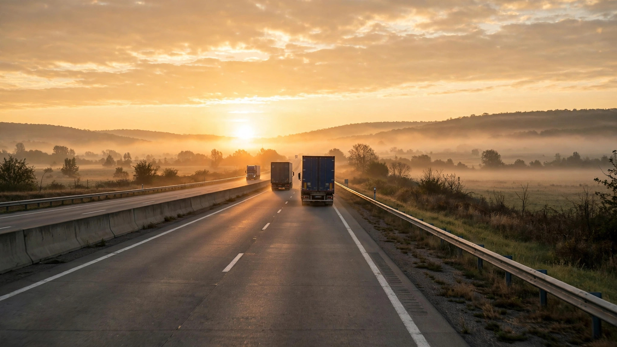 Sunrise over an interstate highway with semi trucks driving into the morning light