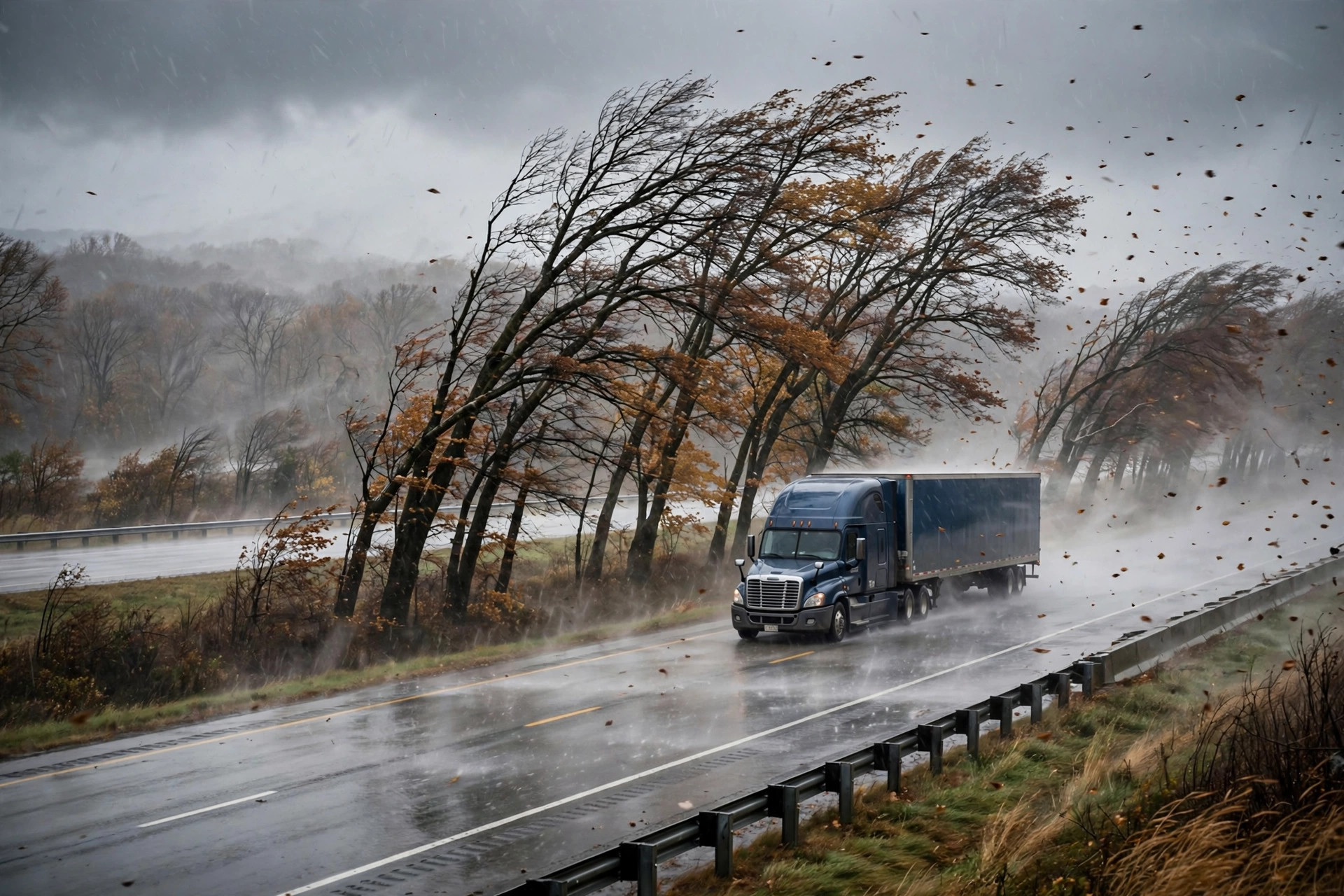 A semi truck driving into strong crosswinds and cold rain on a Northeast interstate