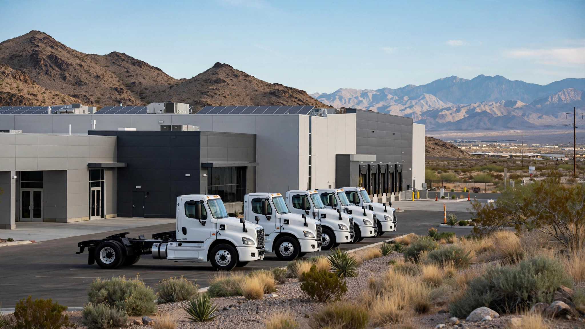 Tesla Semi electric trucks lined up outside the Sparks, Nevada plant