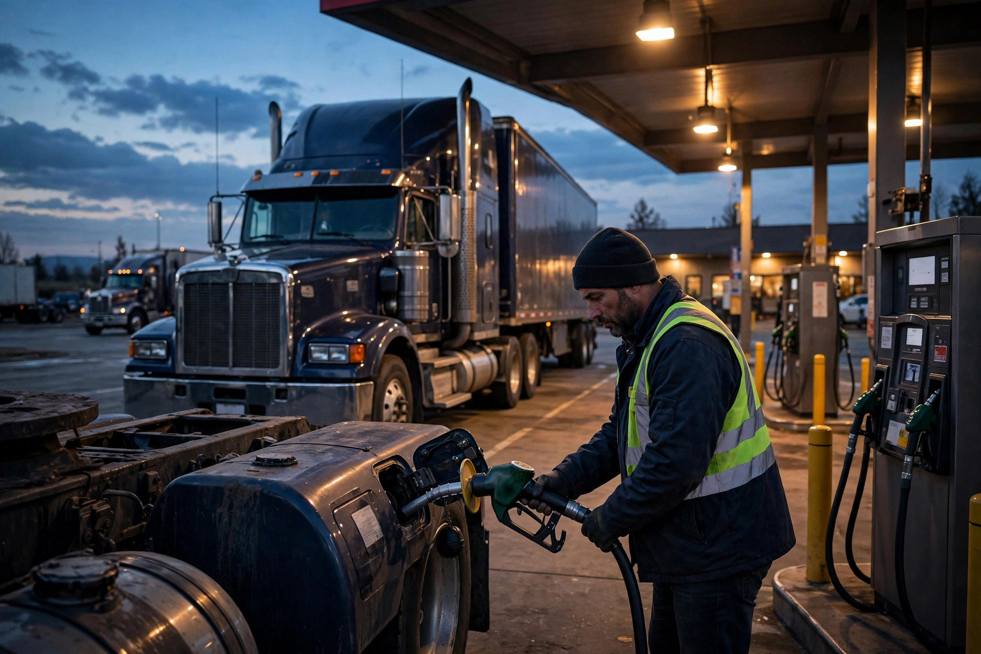 A semi truck fueling at a diesel pump at a truck stop at dusk