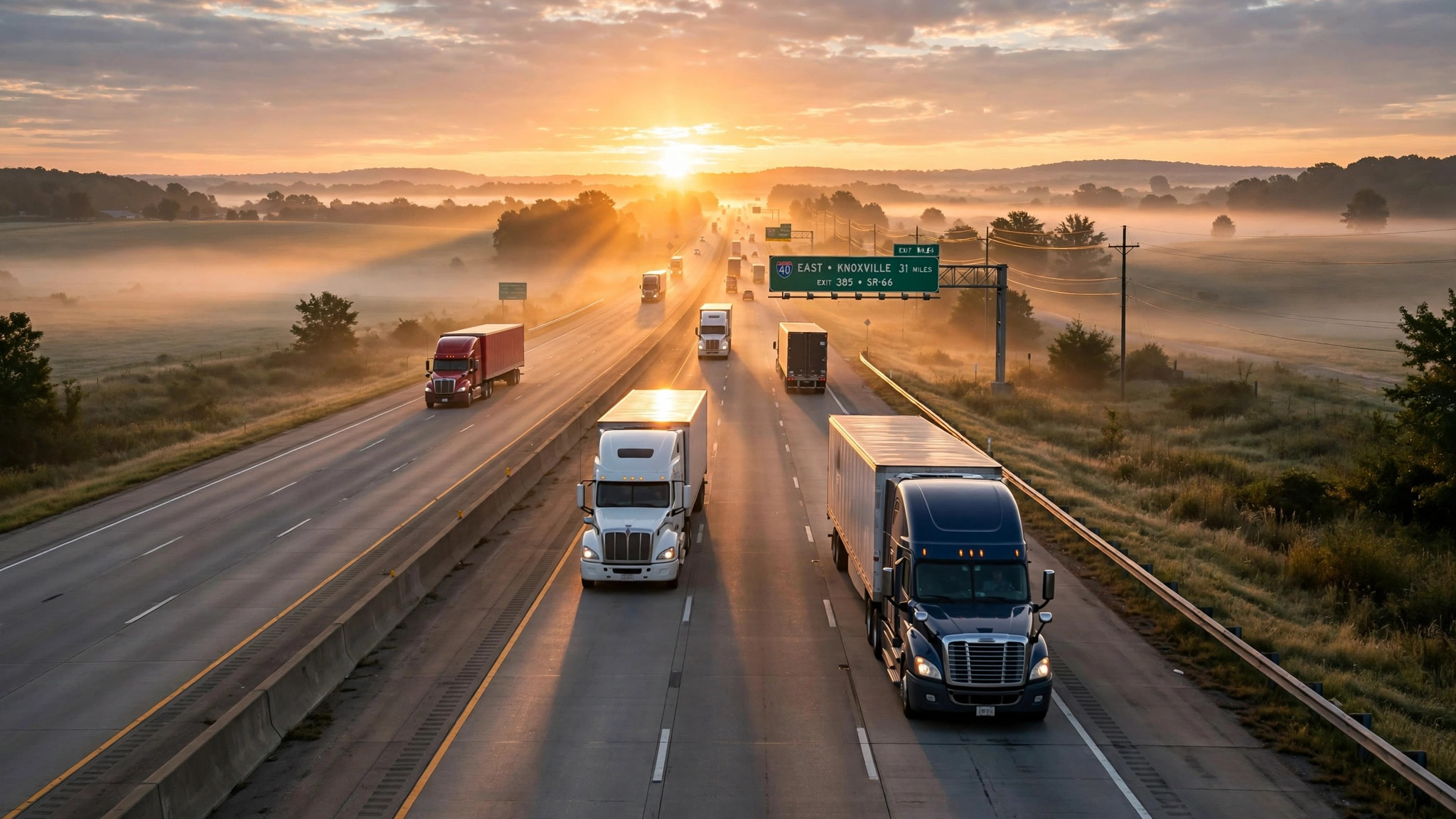Sunrise over an interstate highway with semi trucks driving into the morning light