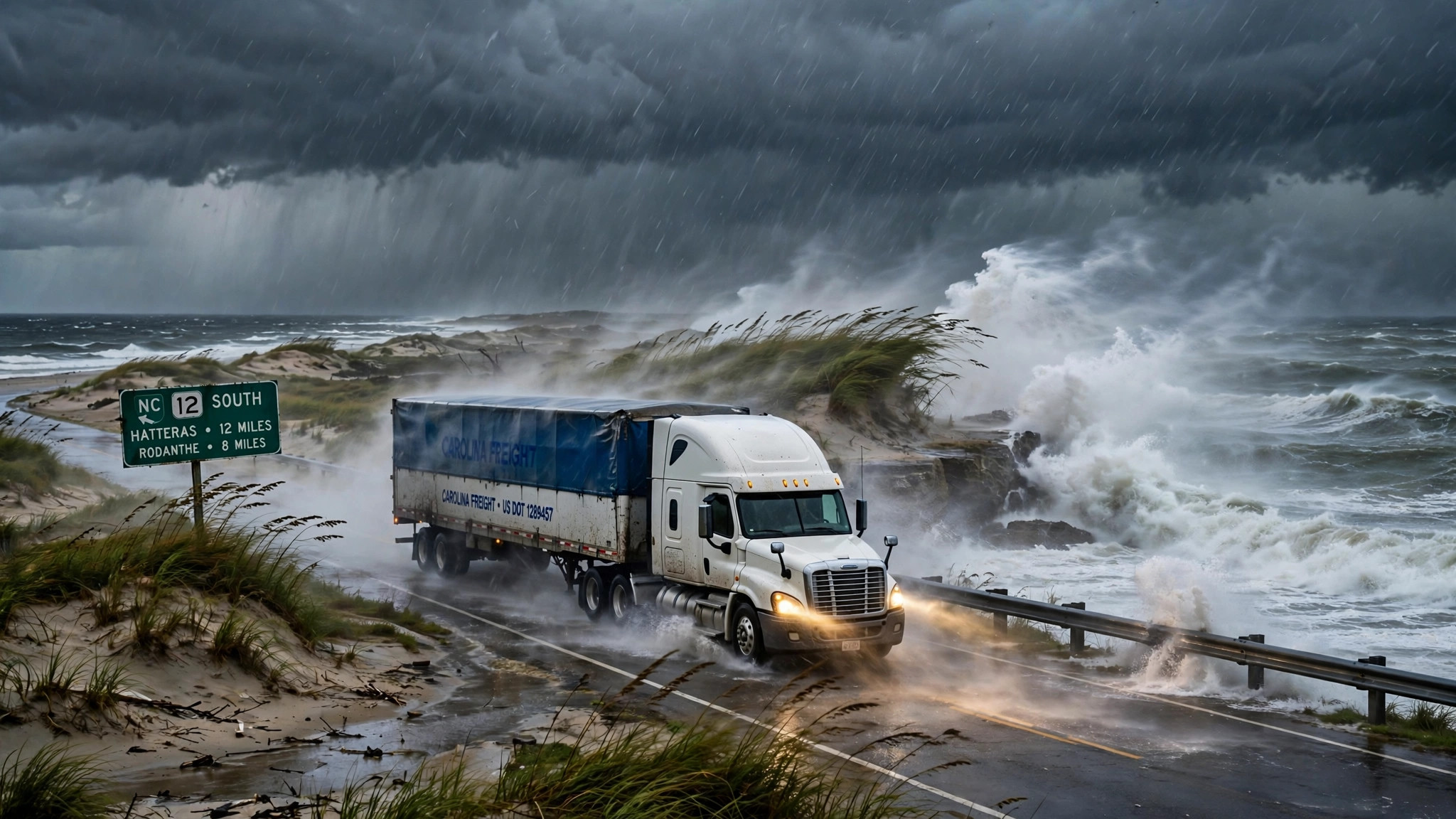 A semi truck driving through strong coastal winds and driving rain along the North Carolina coast