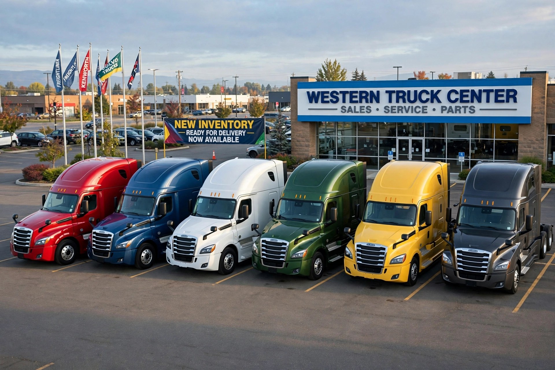 A row of brand new Class 8 semi trucks lined up at a dealership lot in morning light