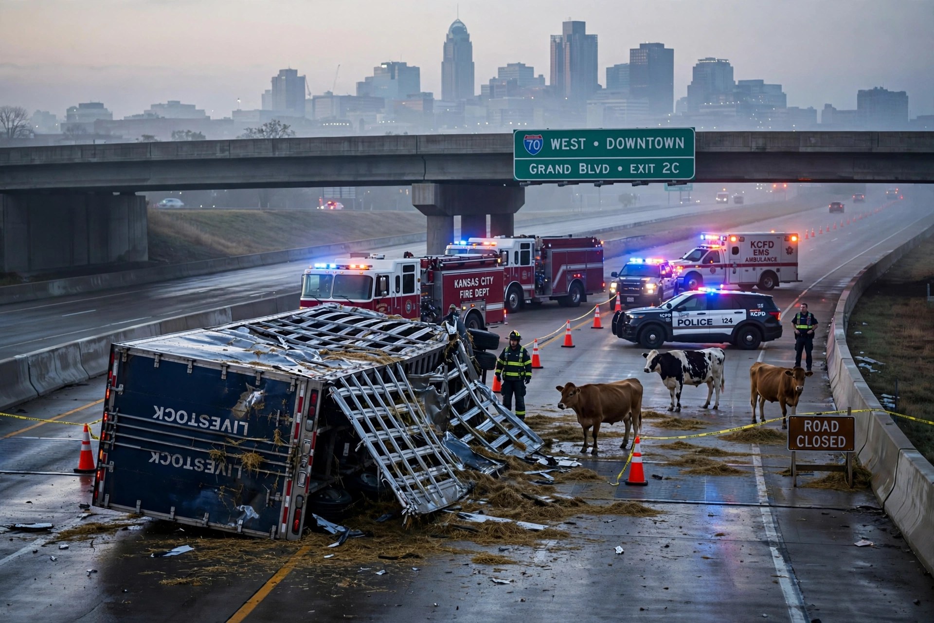 A livestock semi truck trailer overturned near a downtown highway overpass at dawn with emergency vehicles nearby