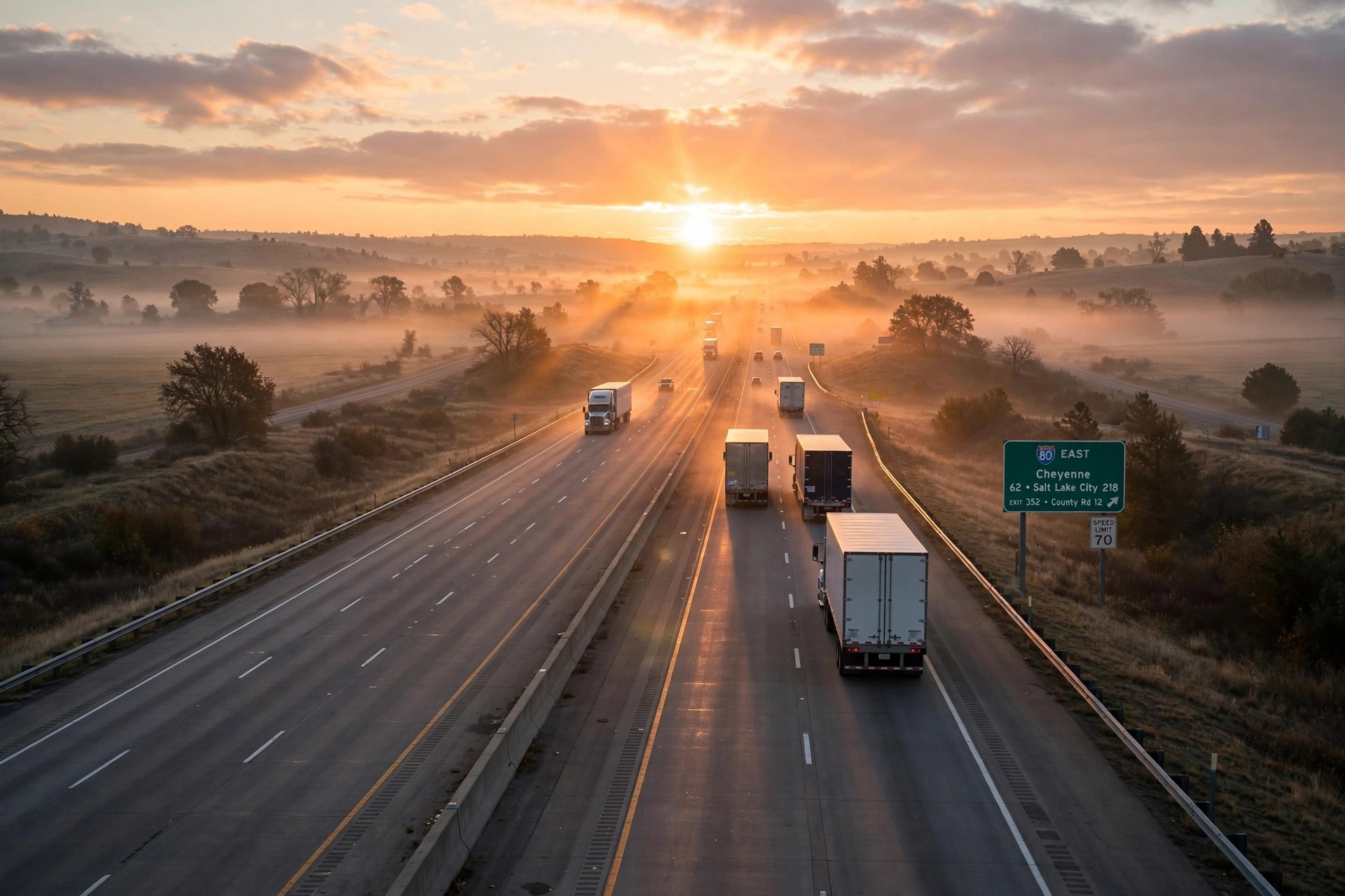Sunrise over an interstate highway with semi trucks driving into the morning light
