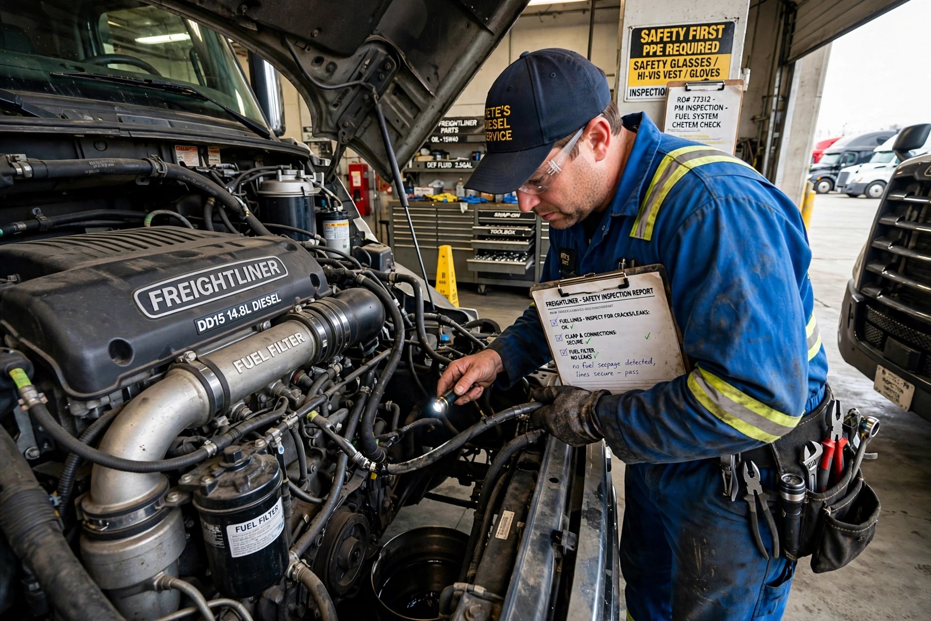 A mechanic inspecting the fuel lines of a semi truck engine in a service bay