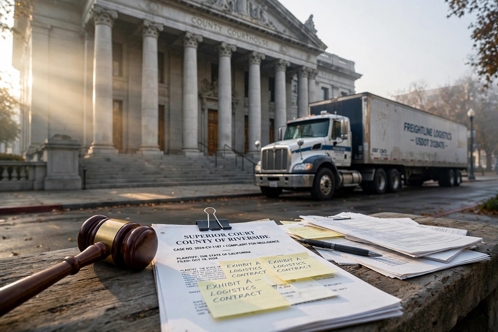 A semi truck parked outside a courthouse with tall columns, with a gavel and legal documents in the foreground