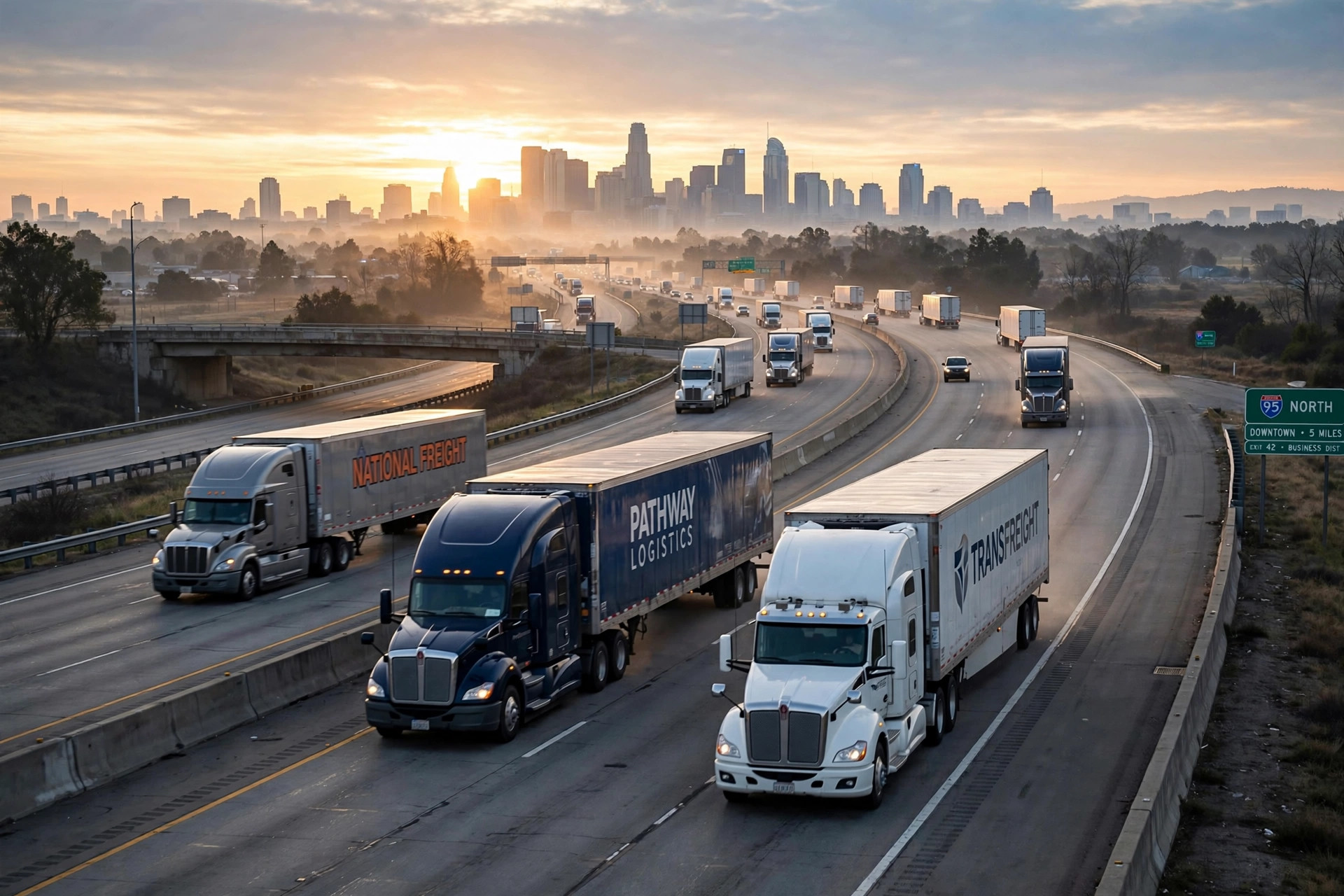 Semi trucks moving on an interstate highway at sunrise with a city skyline in the distance