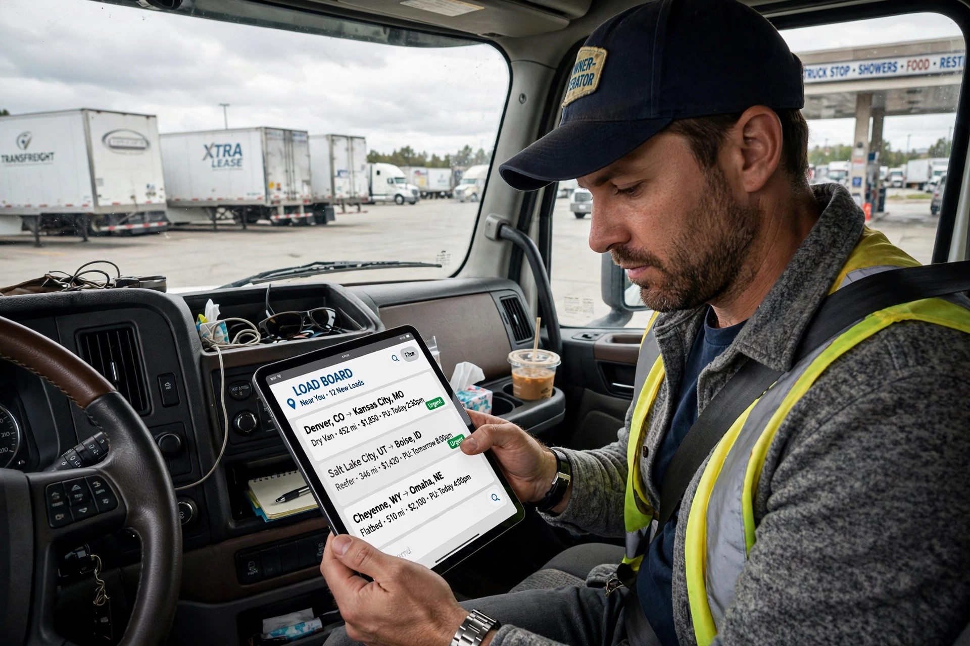 A driver checking a load board on a tablet inside a semi truck cab at a truck stop