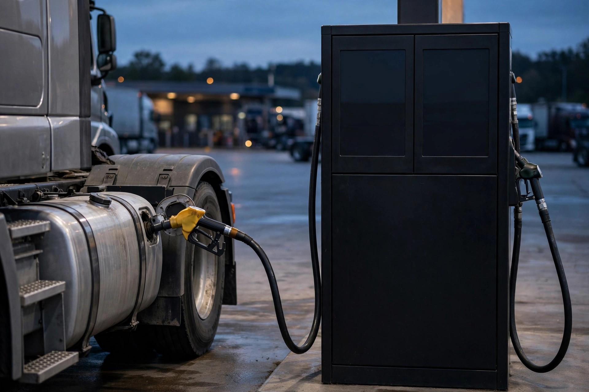 A semi truck being refueled at a diesel pump at a truck stop at dusk, nozzle in the truck's fuel tank