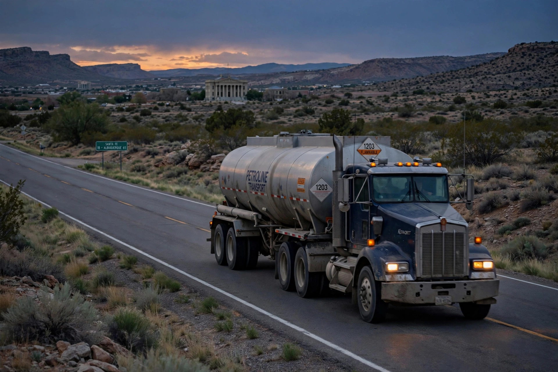 A tanker semi truck on a two-lane desert highway in New Mexico at dusk