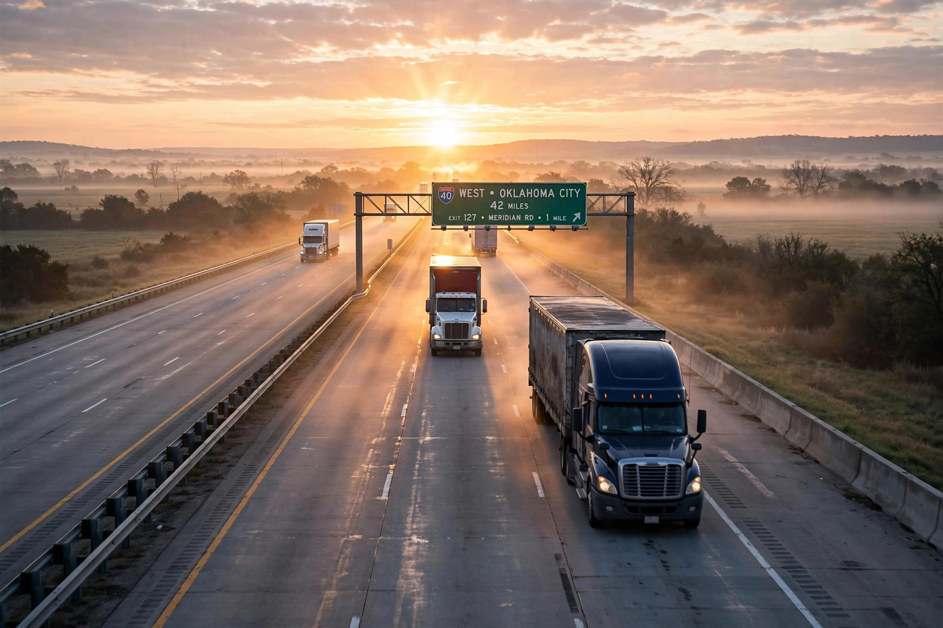Sunrise over an interstate highway with semi trucks driving into the morning light