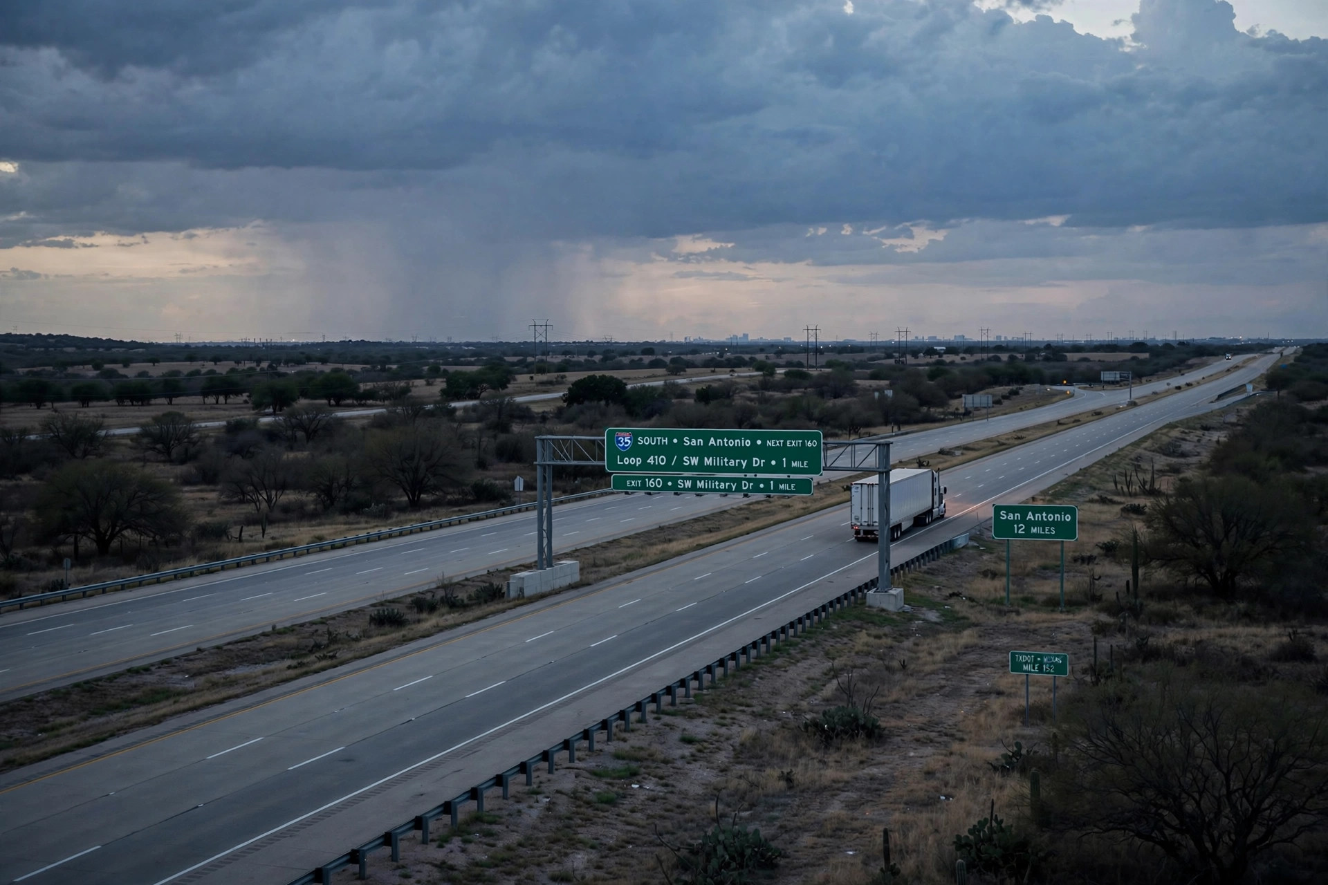 A tractor-trailer driving on Interstate 35 south of San Antonio, Texas, under dark storm clouds at dusk