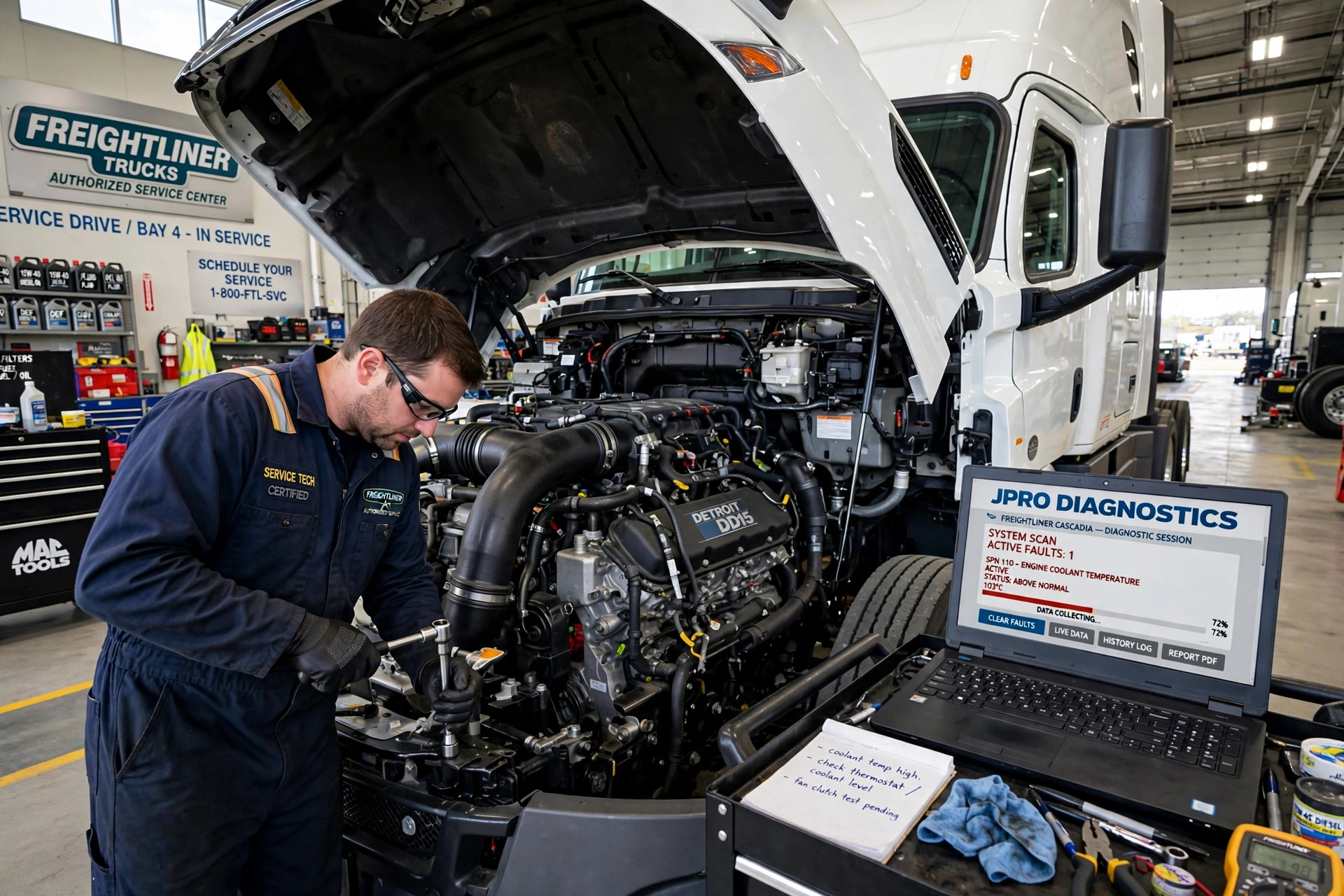 A mechanic servicing the engine of a modern semi truck in a bright dealership service bay
