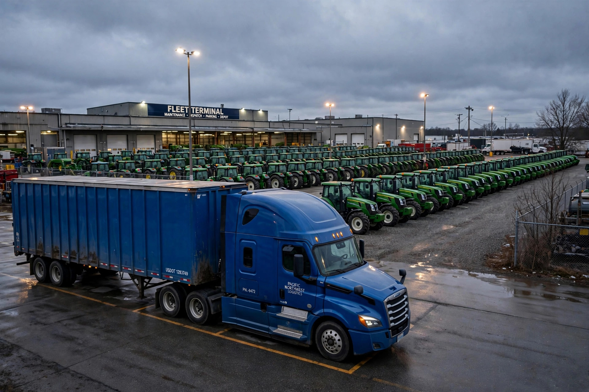 A blue semi truck and trailer parked at a large fleet terminal at dusk with rows of tractors behind it