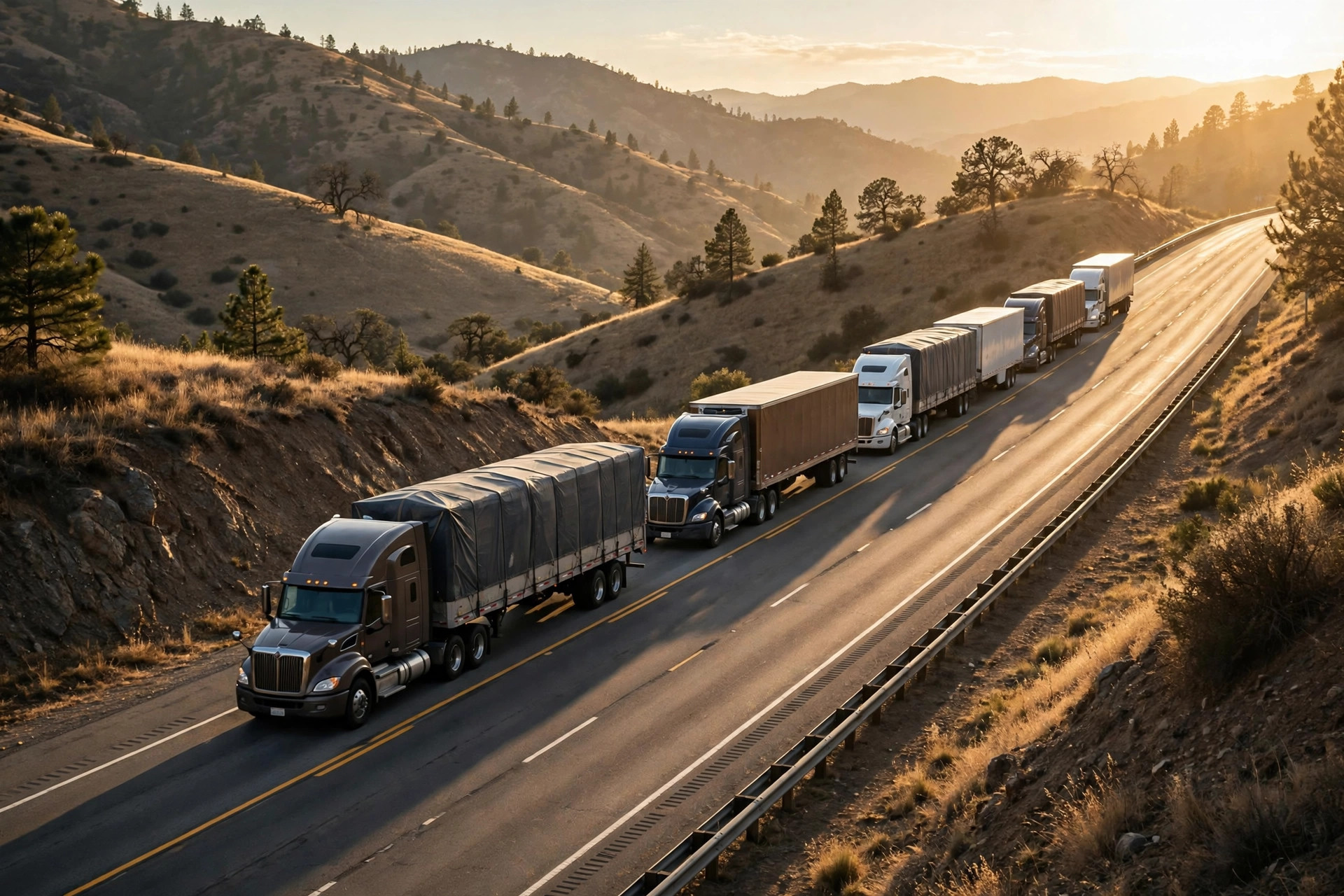 Loaded semi trucks climbing a grade on an interstate in a line at golden hour