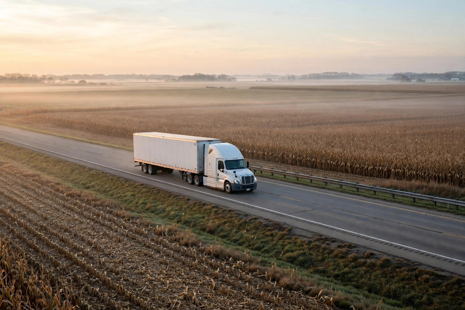 A white semi truck and trailer driving on an Iowa interstate at dawn past harvested cornfields