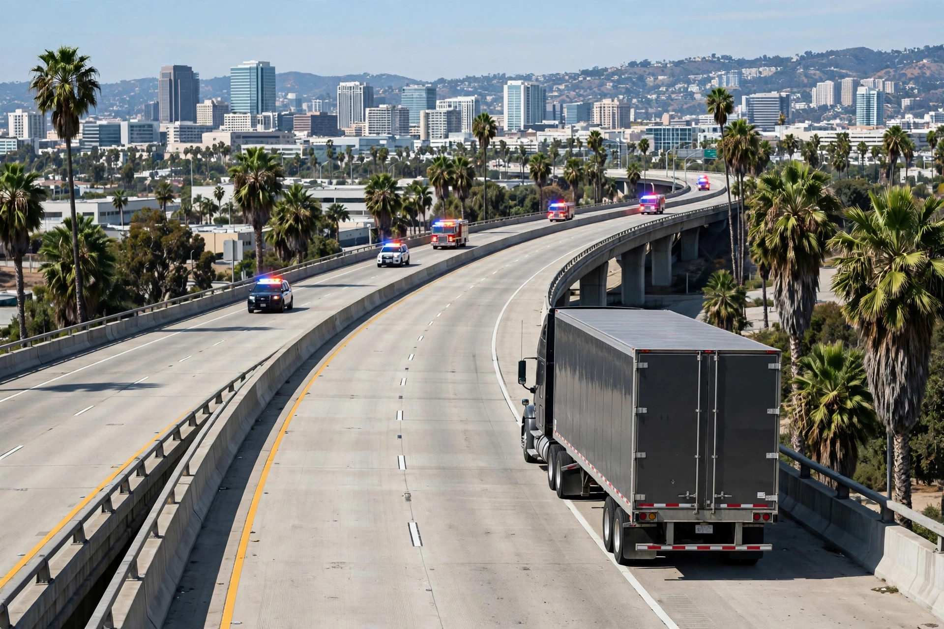 A semi truck on an elevated interstate in San Diego with emergency vehicles responding in the distance, palm trees and the city skyline behind it