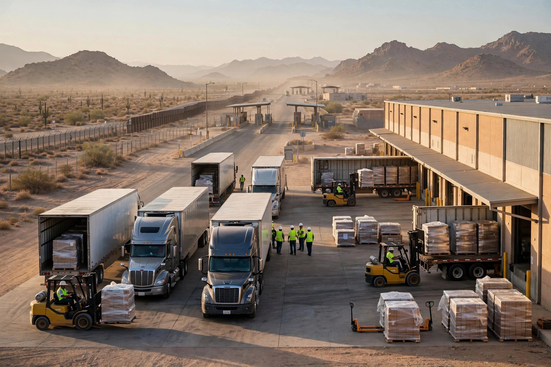 Semi trucks lined up at a U.S.-Mexico border crossing with a transloading warehouse and forklifts moving freight between trailers