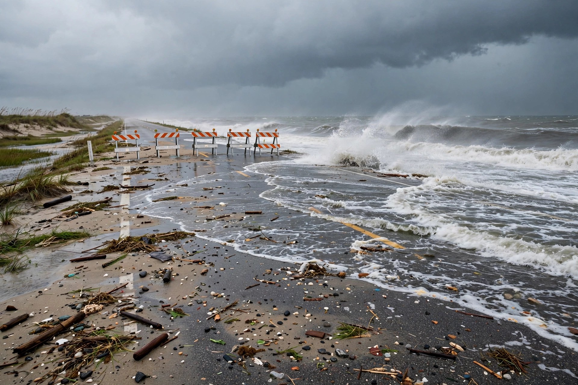 Ocean waves washing over a two-lane coastal highway with sand and debris across the pavement under gray storm skies