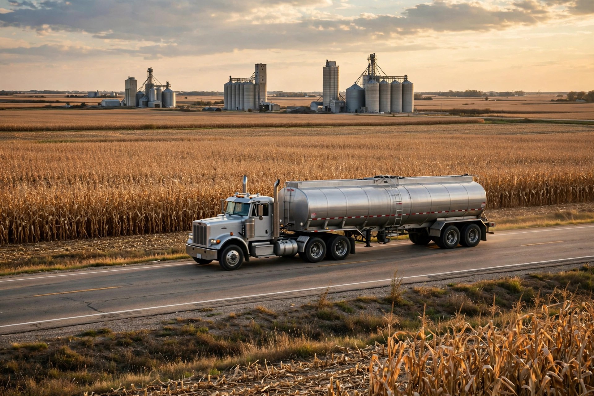 A tanker truck hauling fuel on a Nebraska highway at harvest time with cornfields and grain elevators in the distance