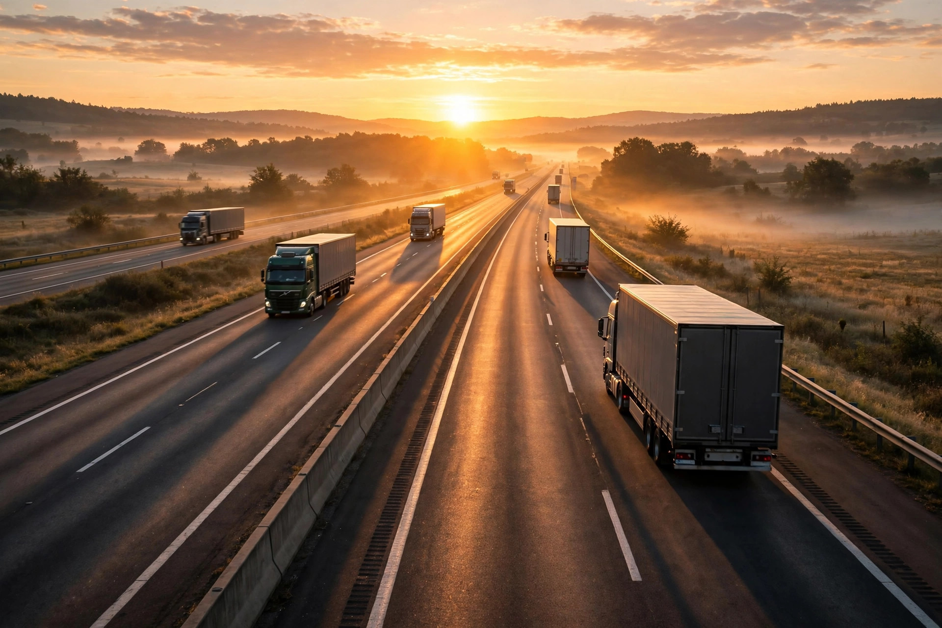 Sunrise over an interstate highway with semi trucks driving into the morning light