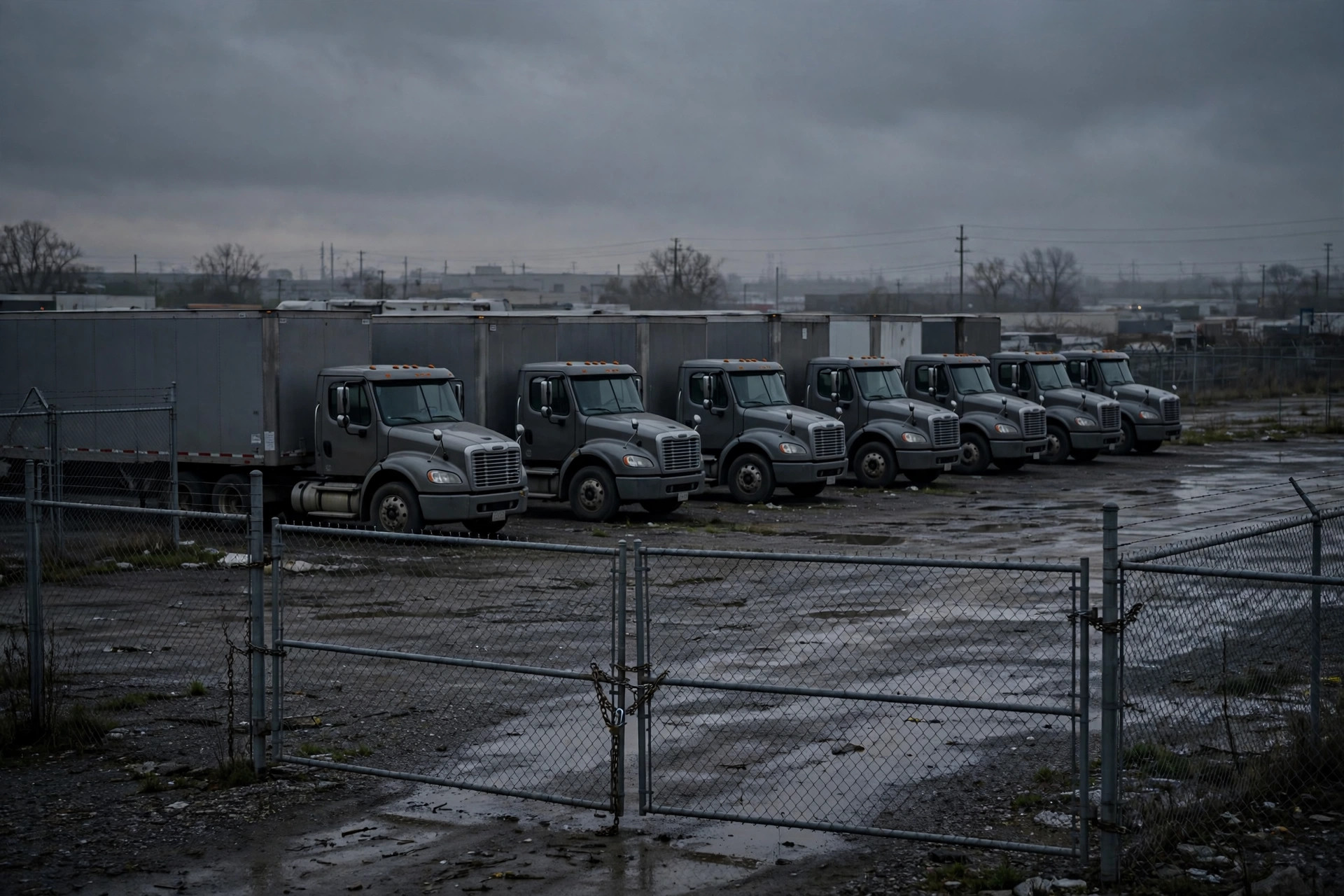A row of gray semi trucks parked idle behind a chained chain-link gate in a wet, empty fleet yard under overcast skies