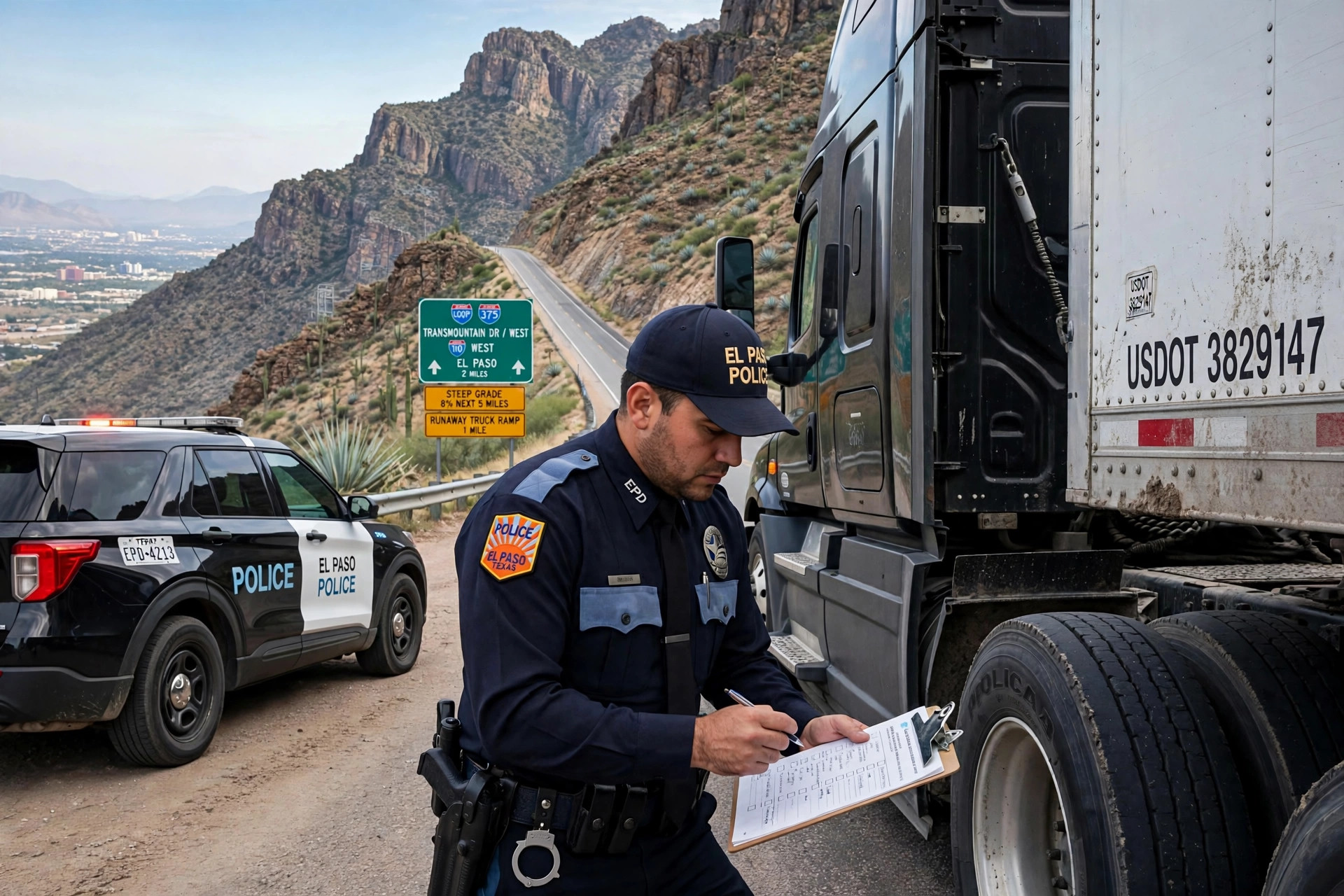 A police officer inspecting a semi truck at the base of a steep mountain highway in El Paso, Texas
