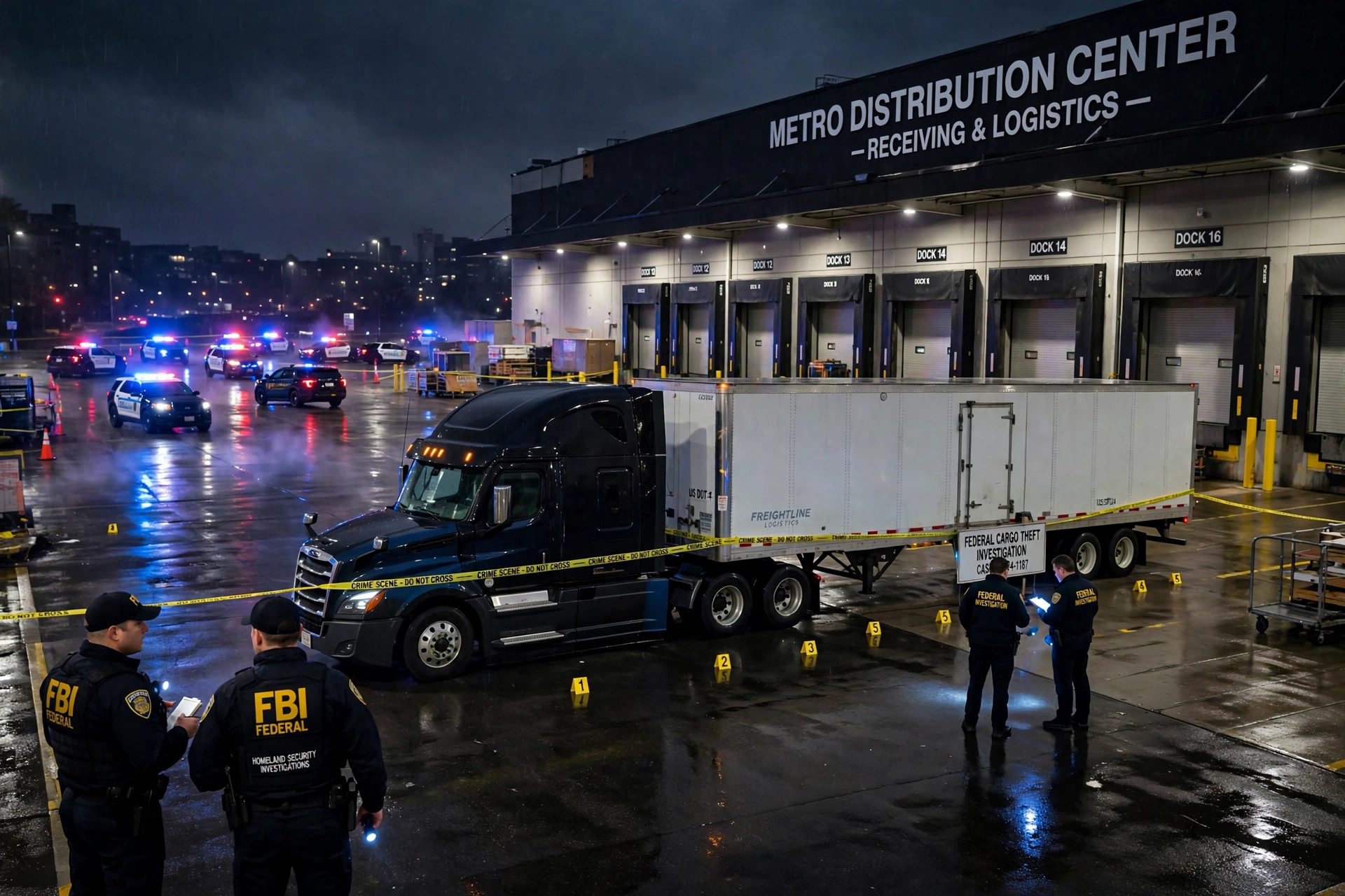 A semi truck and trailer stopped at a distribution warehouse loading dock at night during a cargo theft investigation