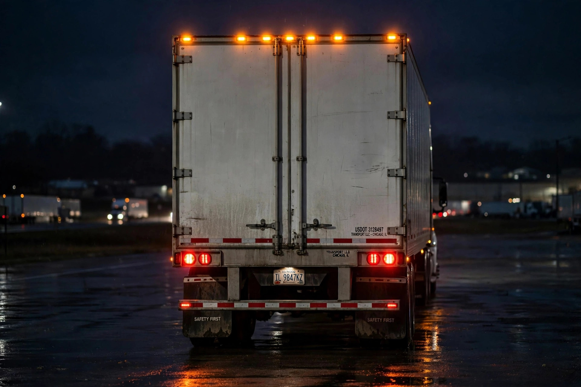 The rear of a semi trailer at night with amber warning lamps glowing above the red tail lights